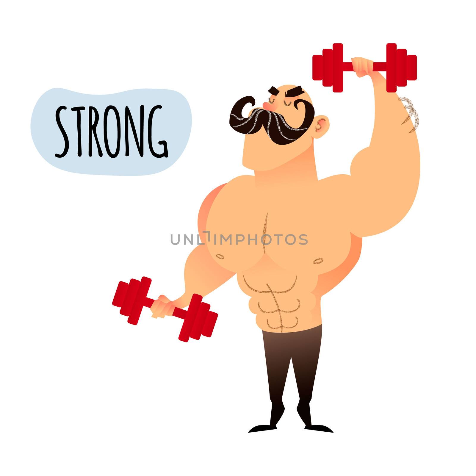 Strong muscular man working out with dumbbell weights at the gym. Healthy lifestyle concept. Bodybuilder flat male character. Funny cartoon athletic guy with mustache.