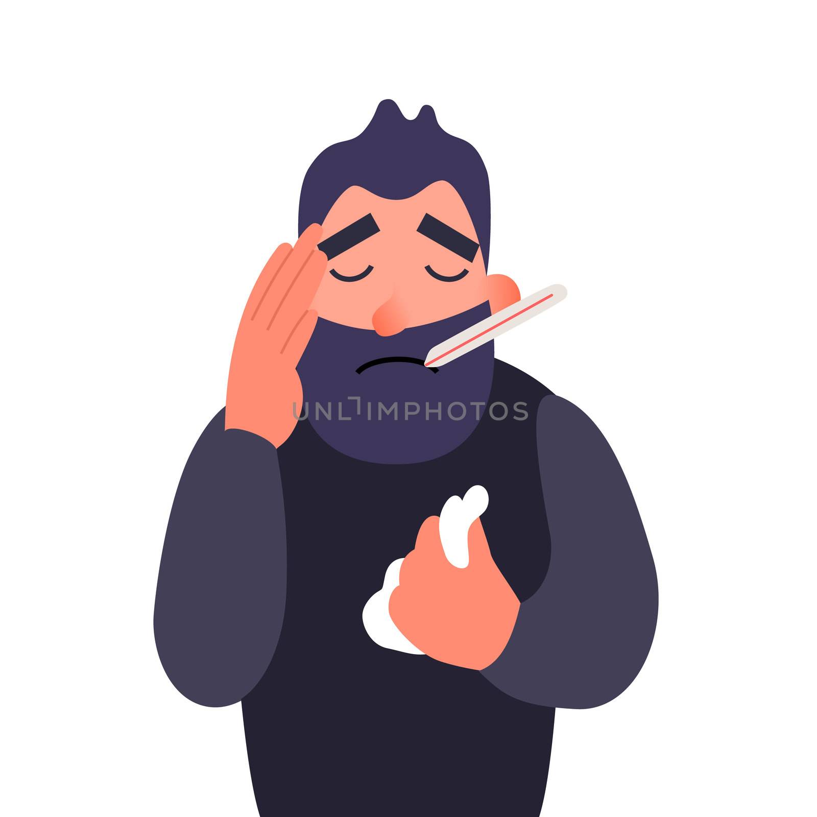 A sick man with a thermometer in his mouth holding his head. Cold and headache. Ill person with flu sickness. Flat character