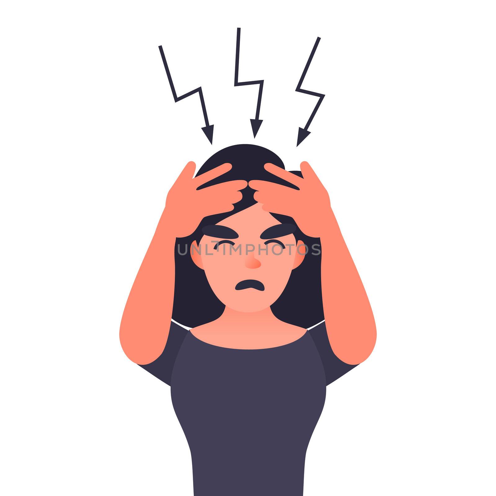 Frustrated woman with headache. Cartoon female character with migraines. Young girl pressing hand to her forehead.