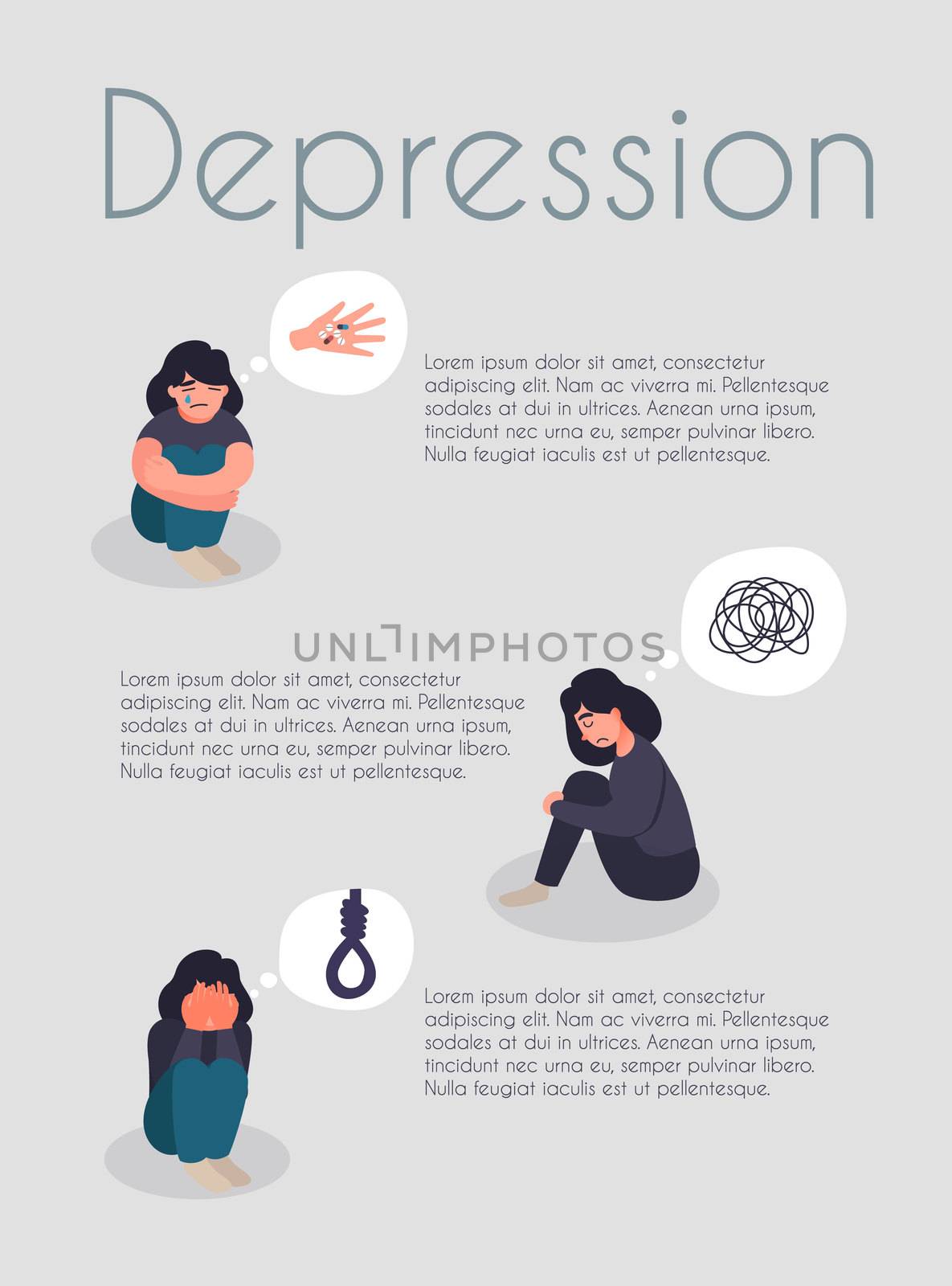 Mental health care and psychological support poster brochure flyer design. Help in depression card. Depressed woman sit on the floor. by Elena_Garder