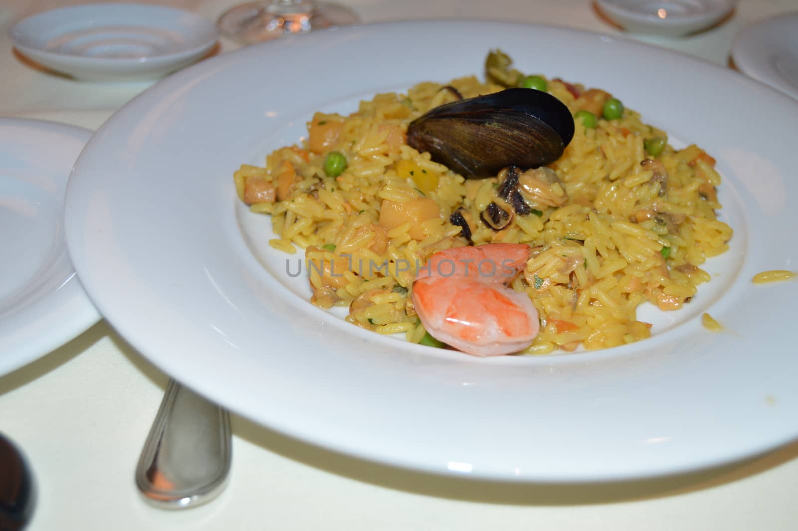 Close-up of traditional Spanish paella with seafood on a white plate, selective focus by claire_lucia