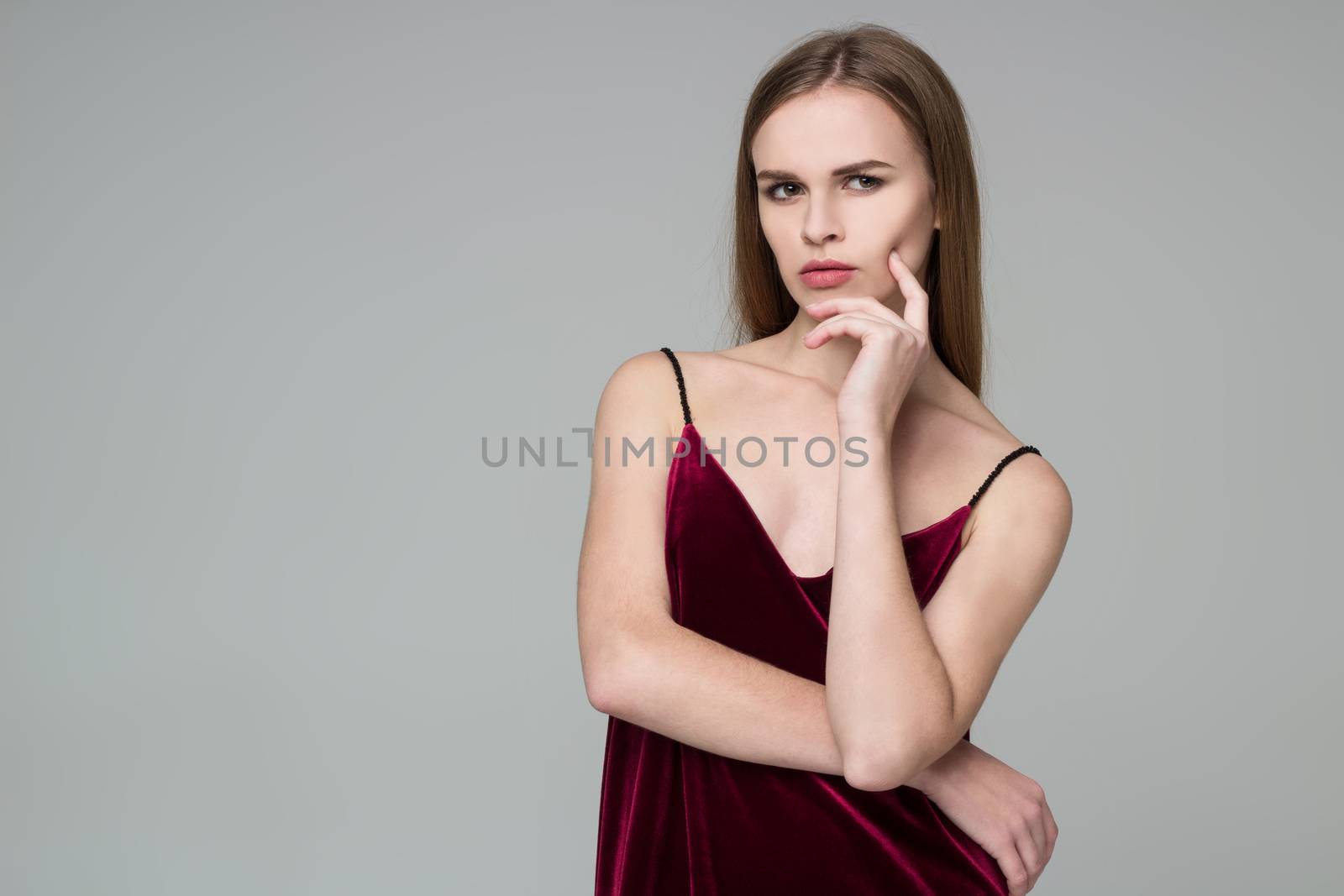Blond girl in red poses showing emotions: wistfulness, dreamines by VeraVerano