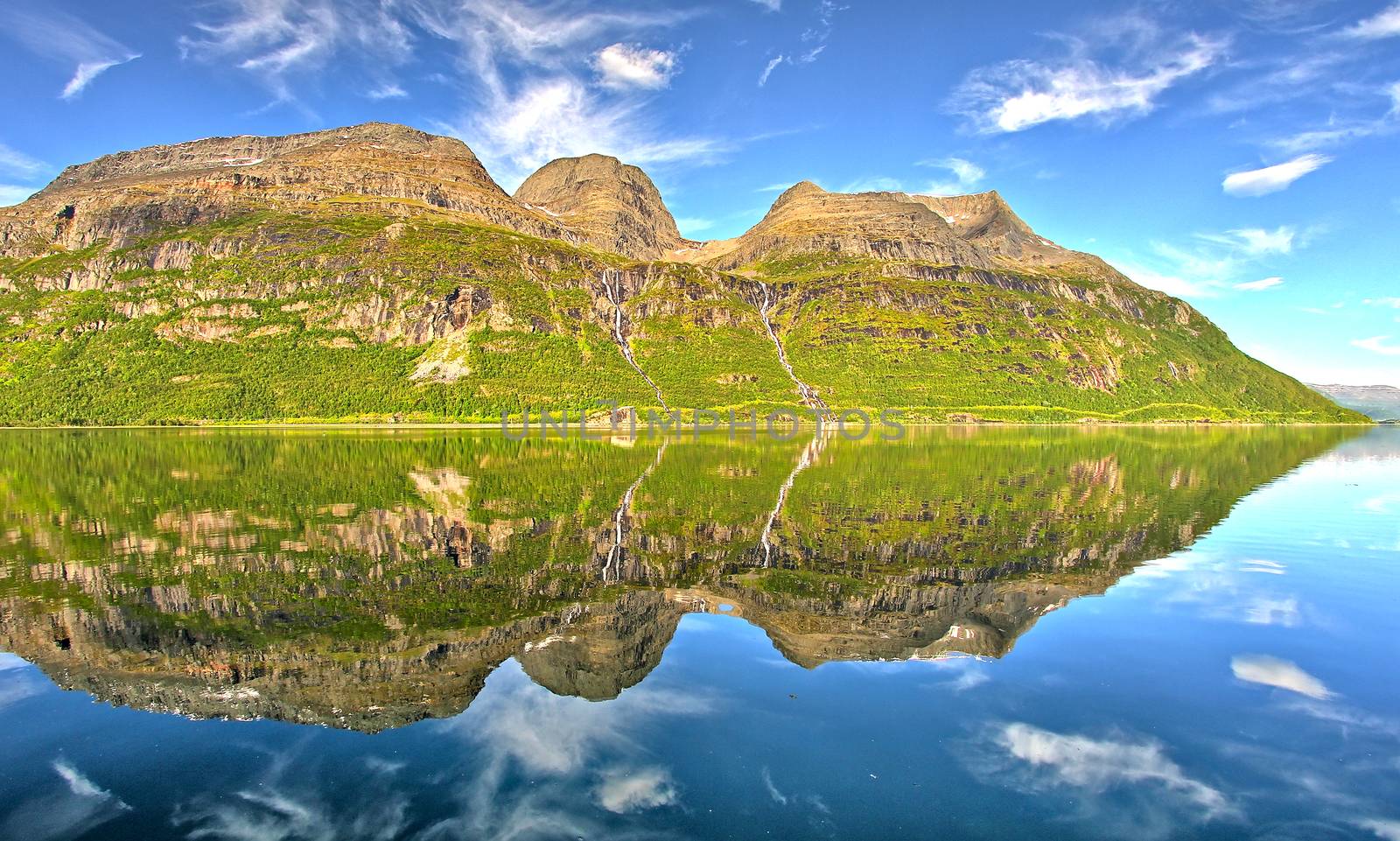 Wide angle view of beautiful fjords at early morning in northern Norway.