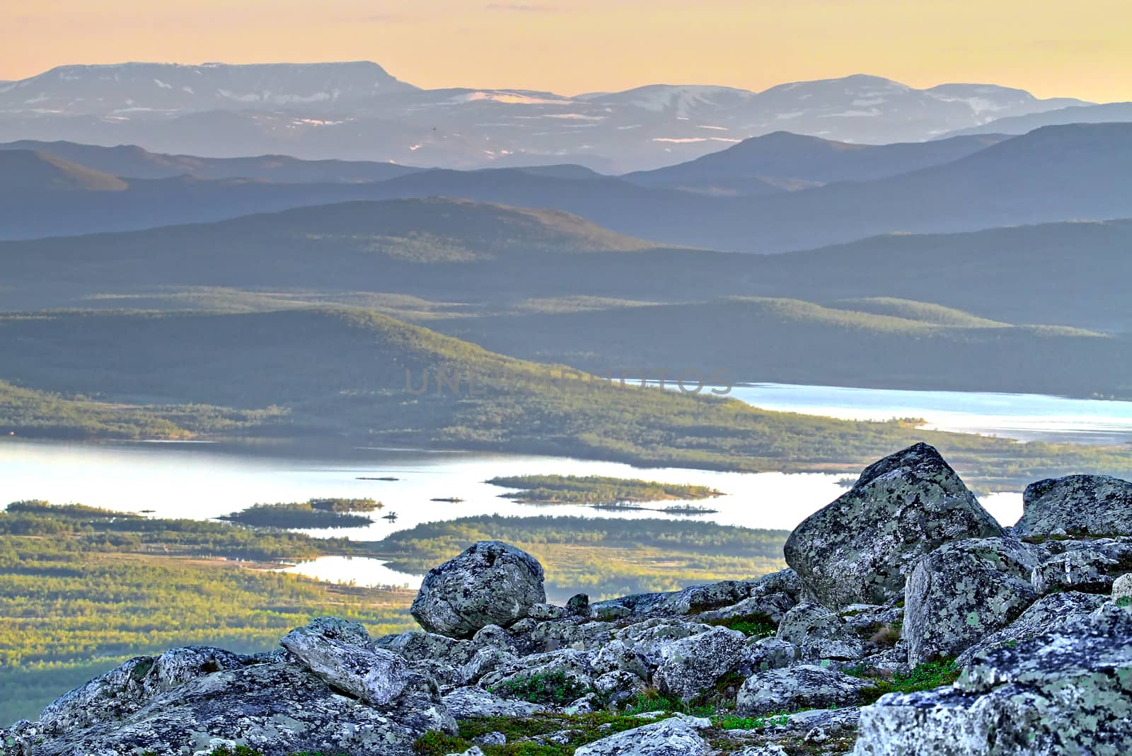 A stunning landscape view from the top of the mountain in Finnish Lapland.