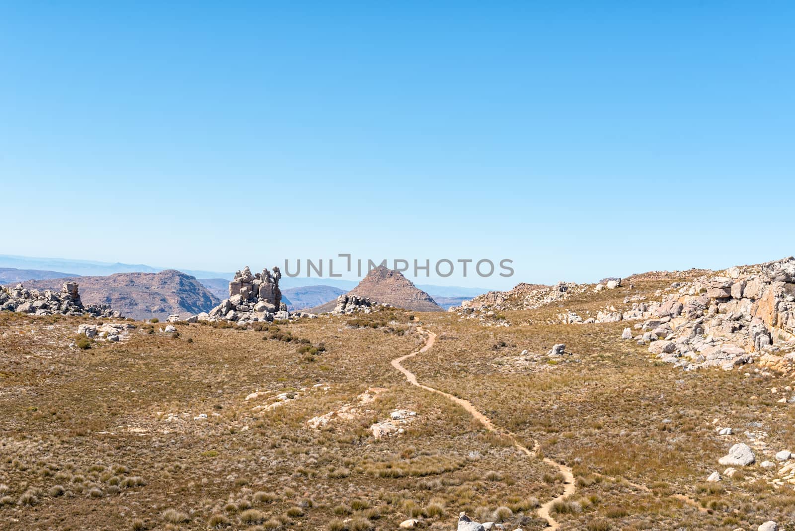 The view from the Maltese Cross in the Cederberg Mountains. The Bokveldskloof hiking trail from Dwarsrivier is visible