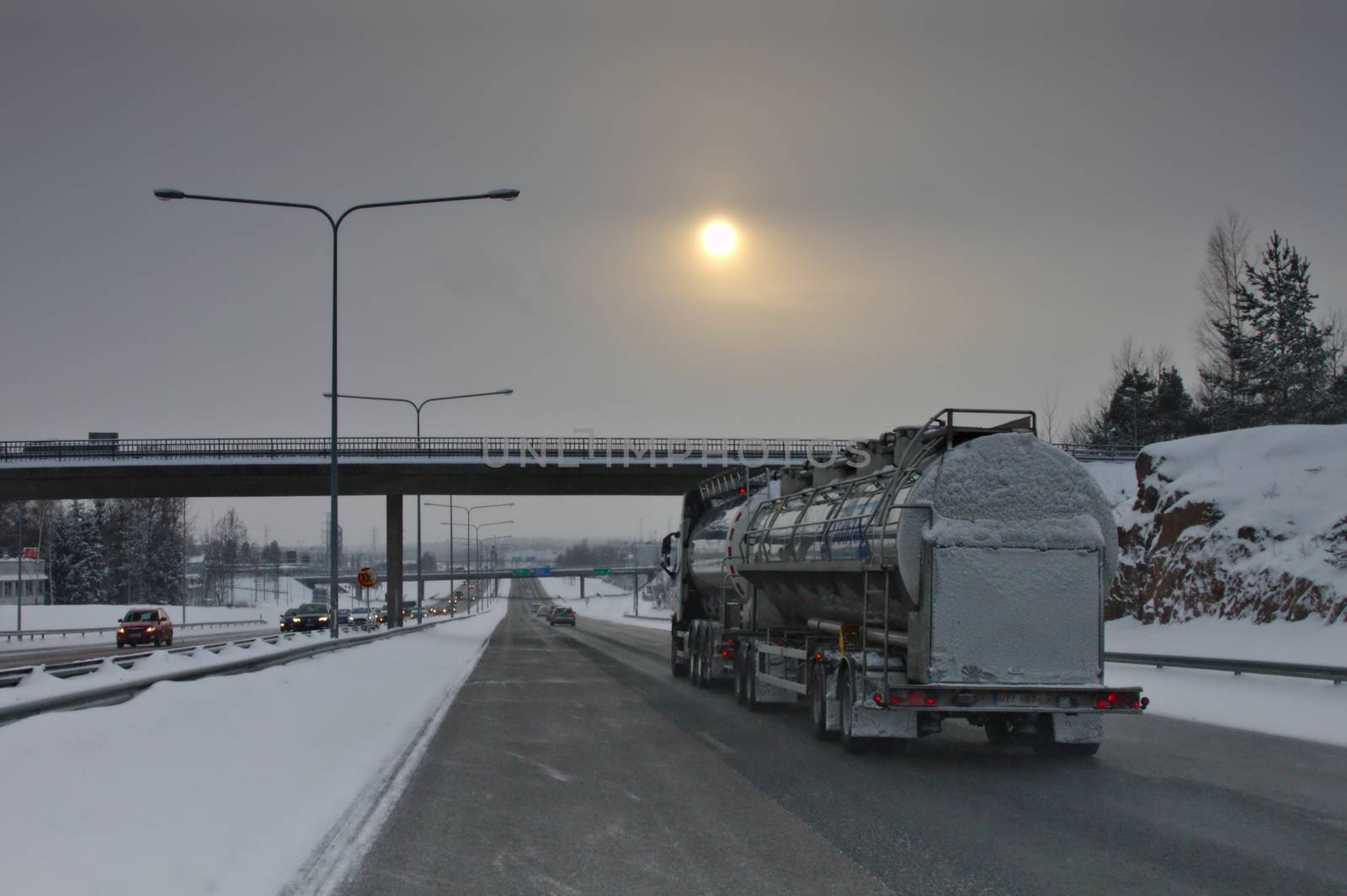 Tanker truck on a highway, wintertime in Finland. Photo taken in Vantaa, Finland. Winter 2018