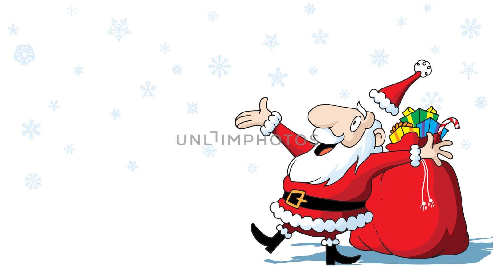 Merry Christmas Santa Claus with bag of toys on white background with snowflakes