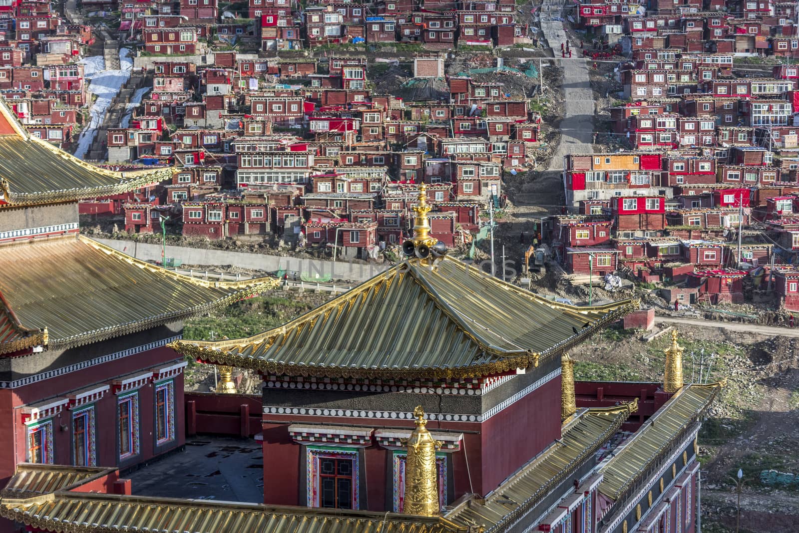 Lharong Monastery and the Monk houseson surrounded in Sertar, Tibet.  Lharong Monastery is a Tibetan Buddhist Institute at an elevation of about 4300 meters.