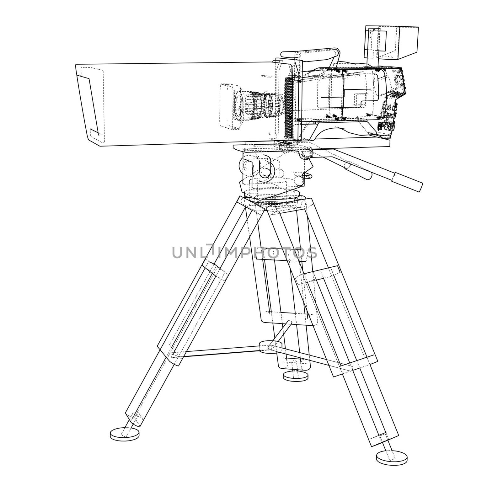 Movie-cinema camera concept. Wire-frame style. 3d illustration