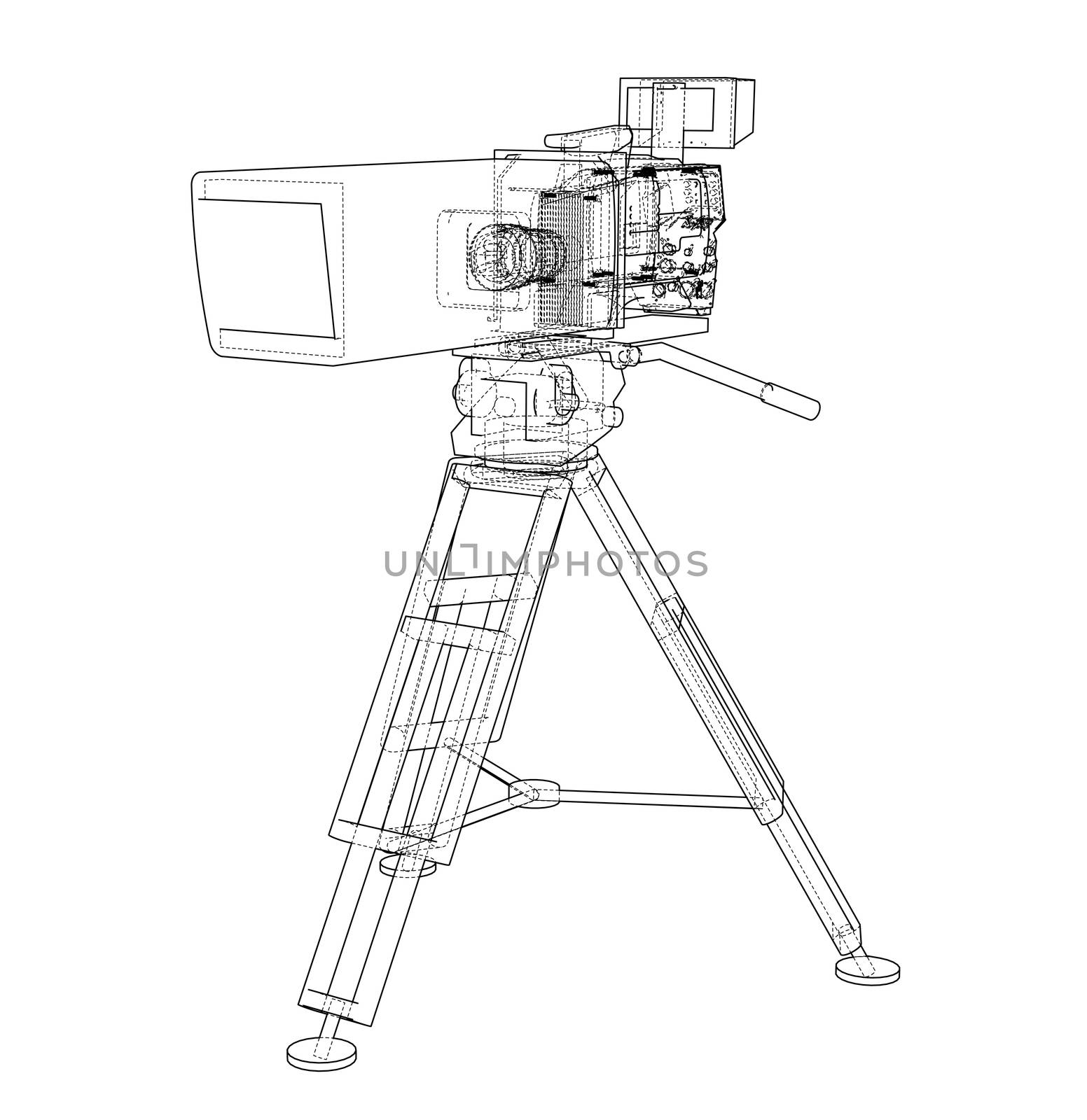 Movie-cinema camera concept. Wire-frame style. 3d illustration