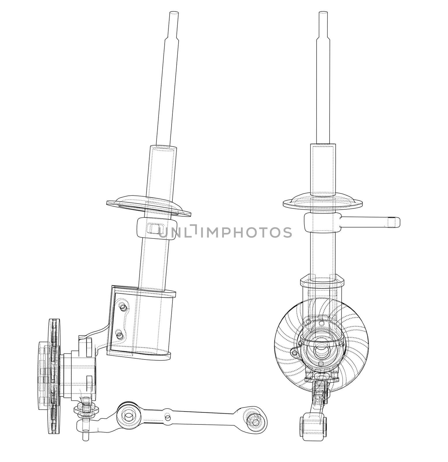 Car dampers with brake disc outline. Wire-frame style. 3d illustration