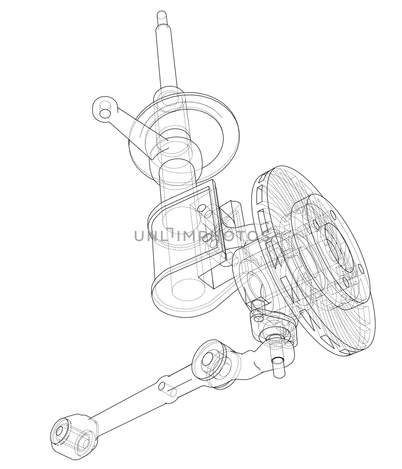 Car dampers with brake disc outline. Wire-frame style. 3d illustration