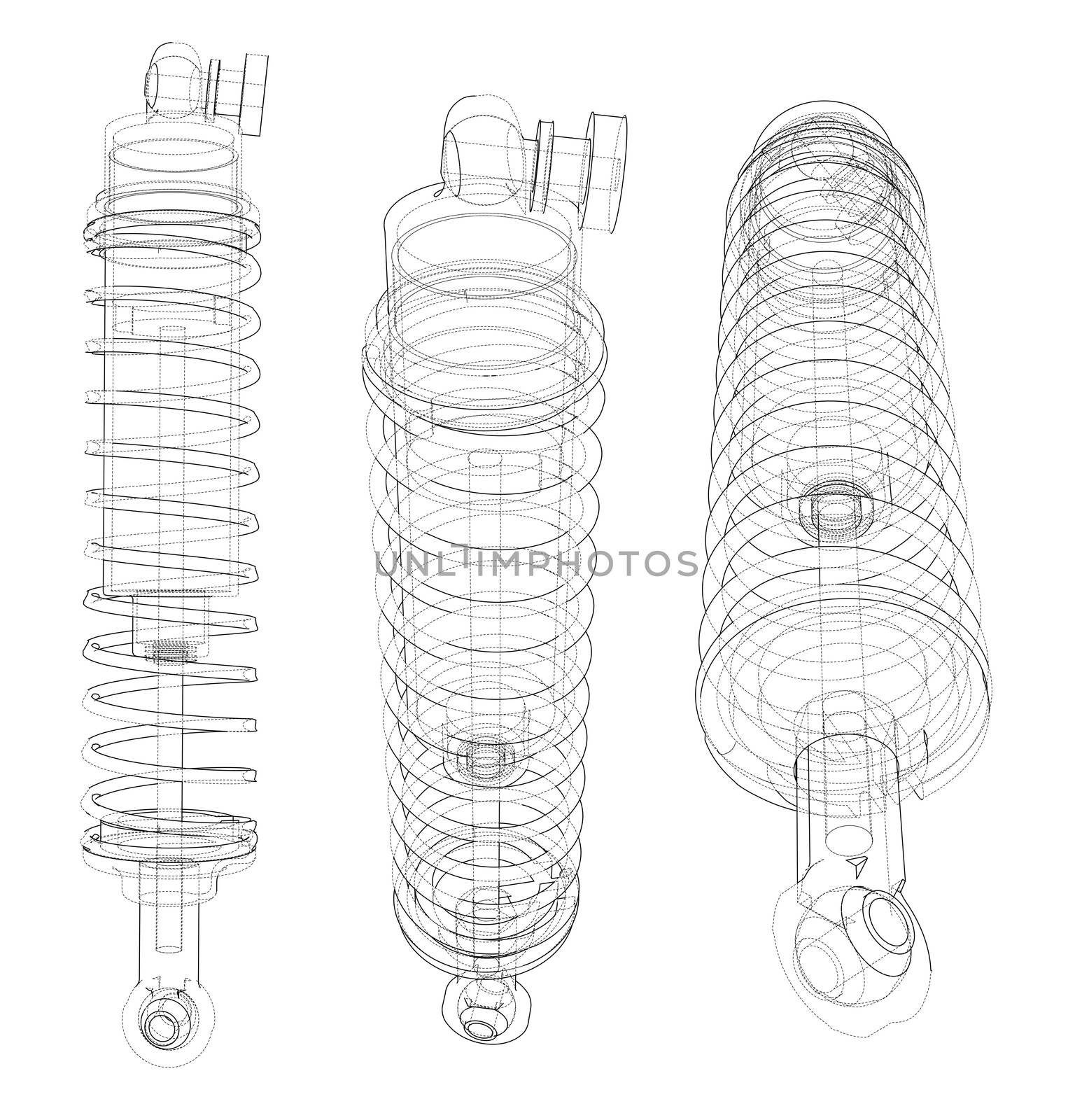 Shock absorber collection outline. Wire-frame style. 3d illustration