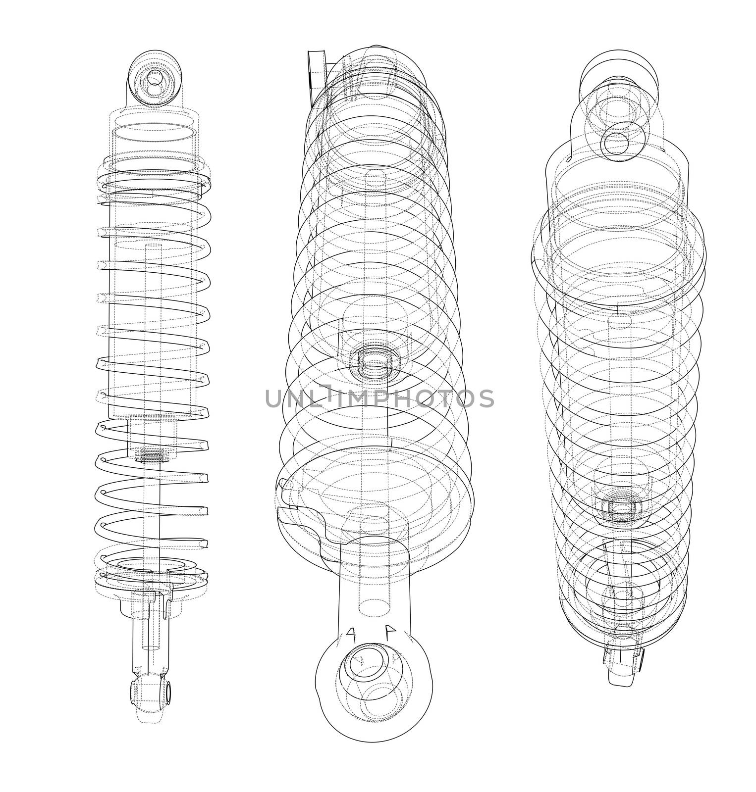 Shock absorber collection outline. Wire-frame style. 3d illustration