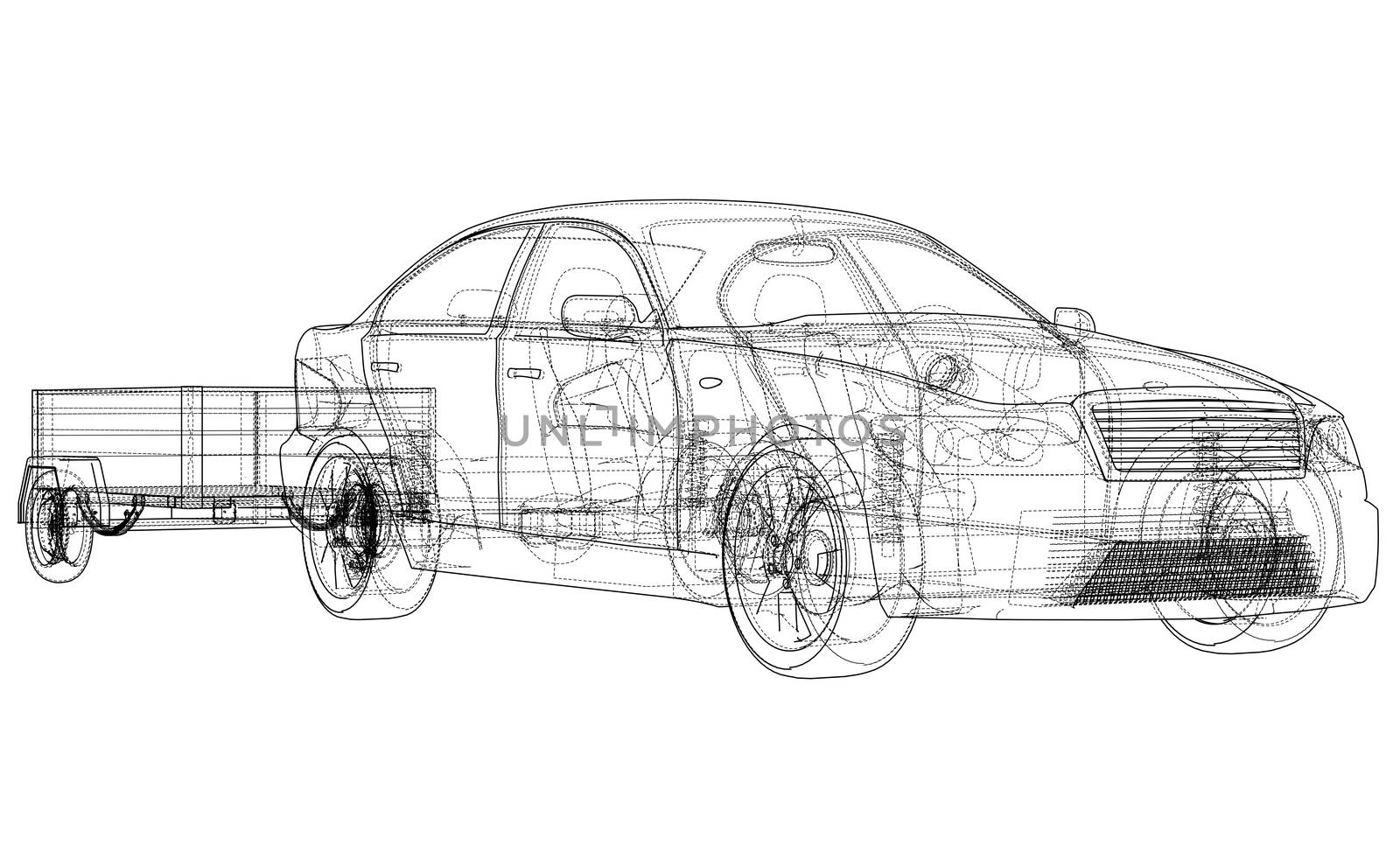 Sedan with open trailer sketch. Wire-frame style. 3d illustration