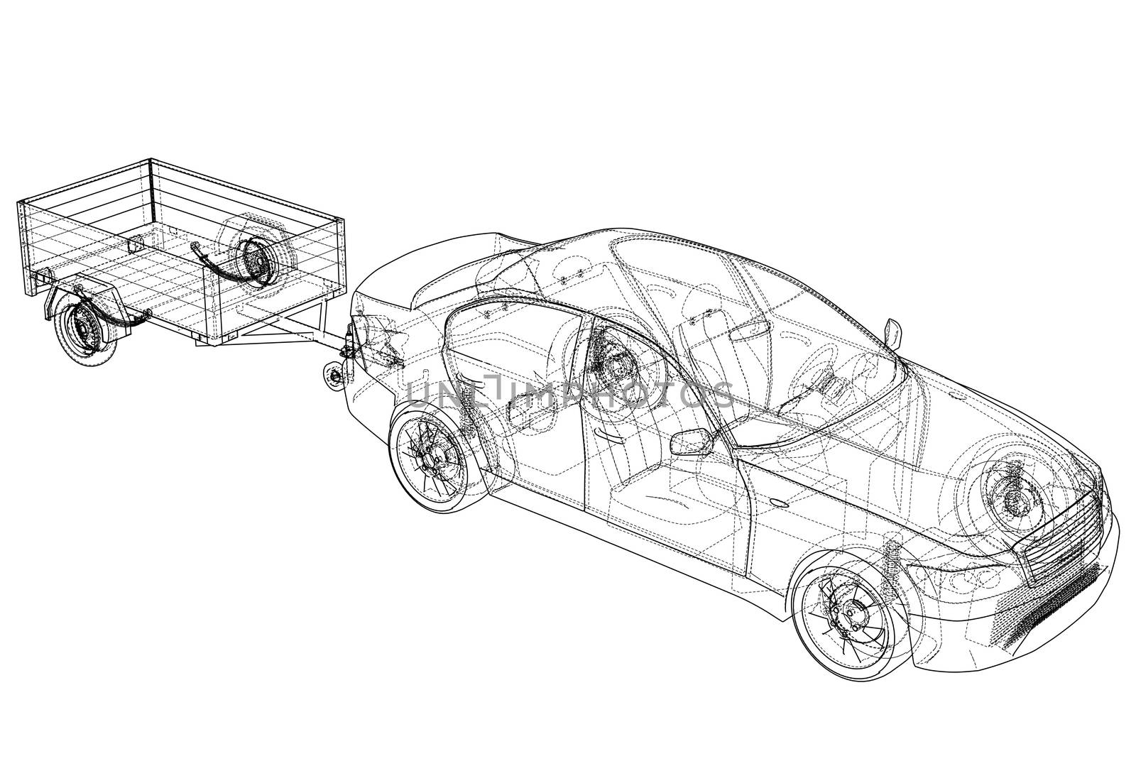 Sedan with open trailer sketch. Wire-frame style. 3d illustration