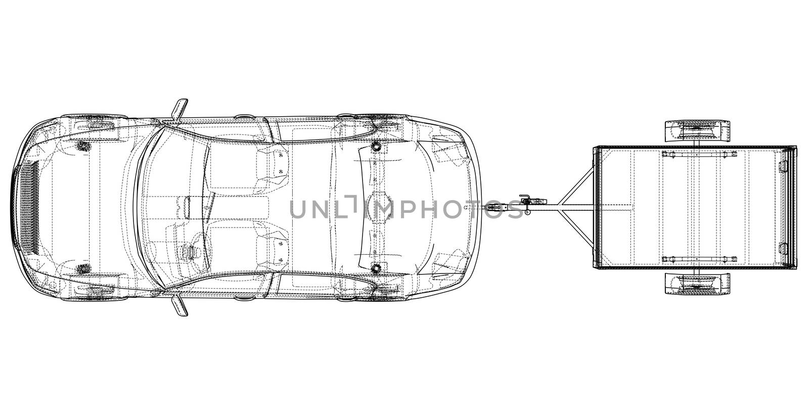 Sedan with open trailer sketch. Wire-frame style. 3d illustration