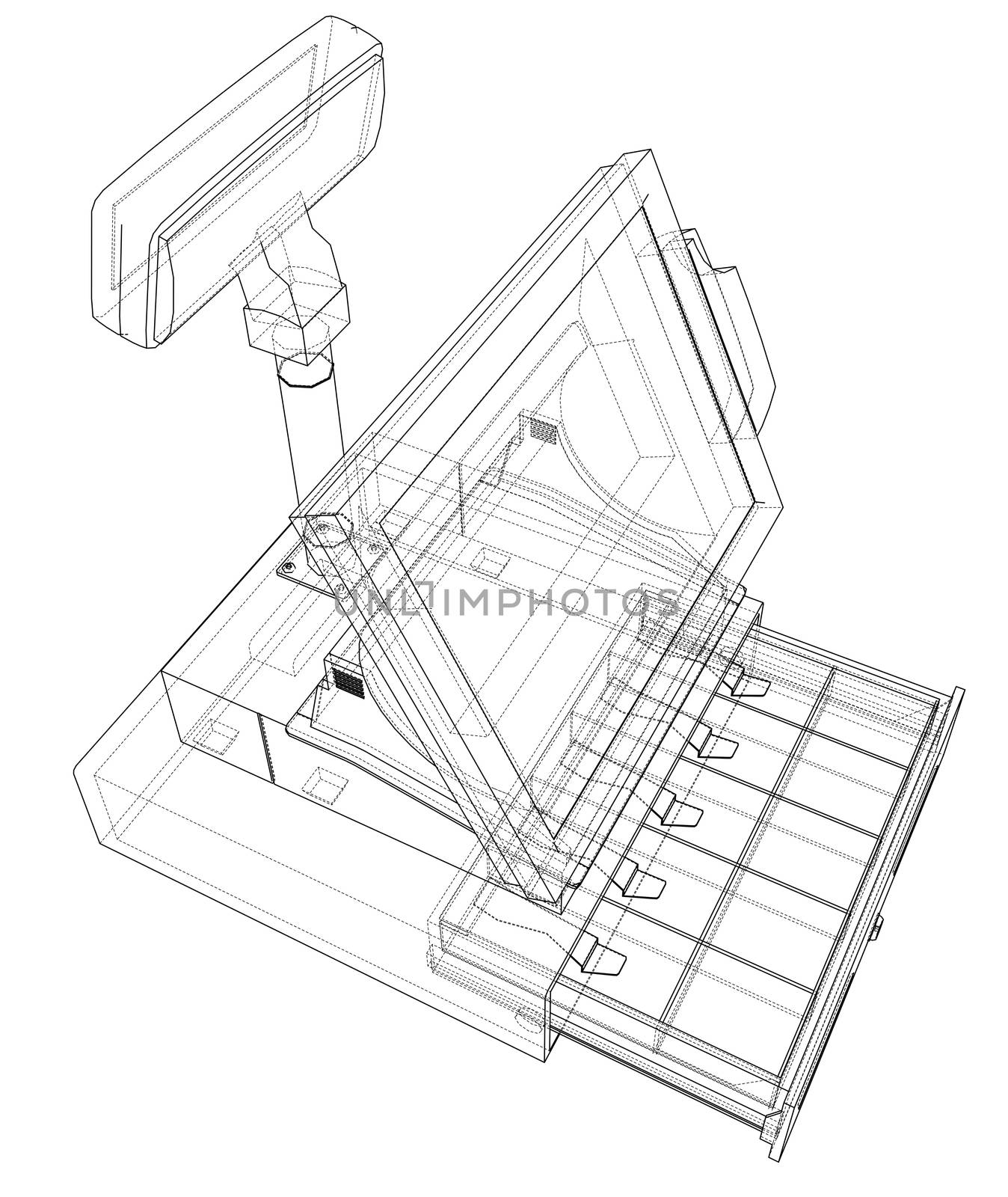Cashbox with touch screen concept. Wire-frame style. 3d illustration