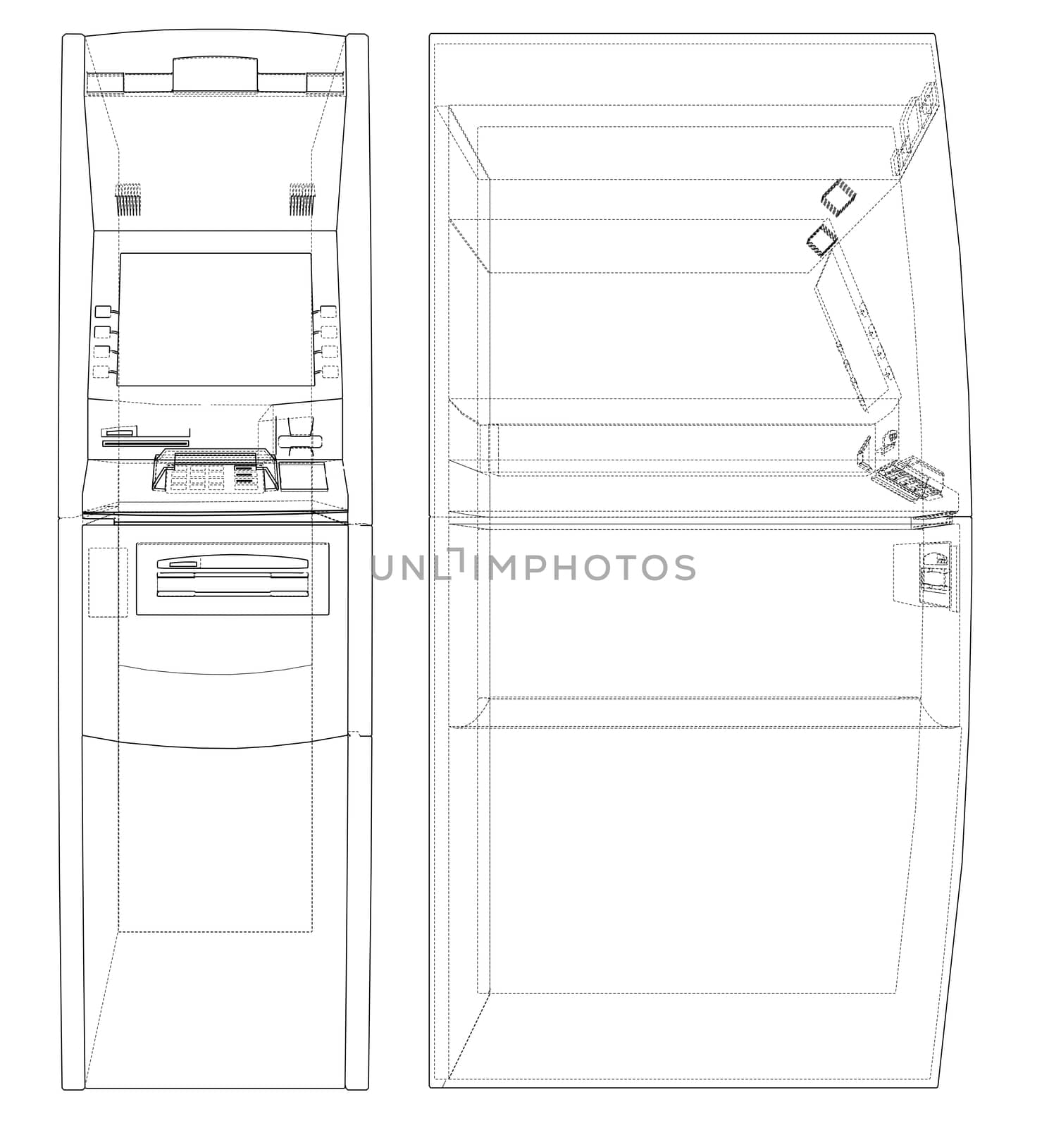 ATM bank cash machine concept. Wire-frame style. 3d illustration