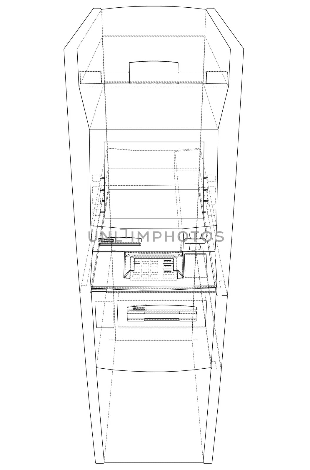 ATM bank cash machine concept. Wire-frame style. 3d illustration