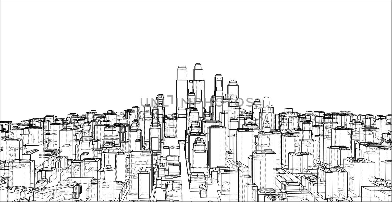 Wire-frame City, Blueprint Style. 3D Rendering. Architecture Design Background