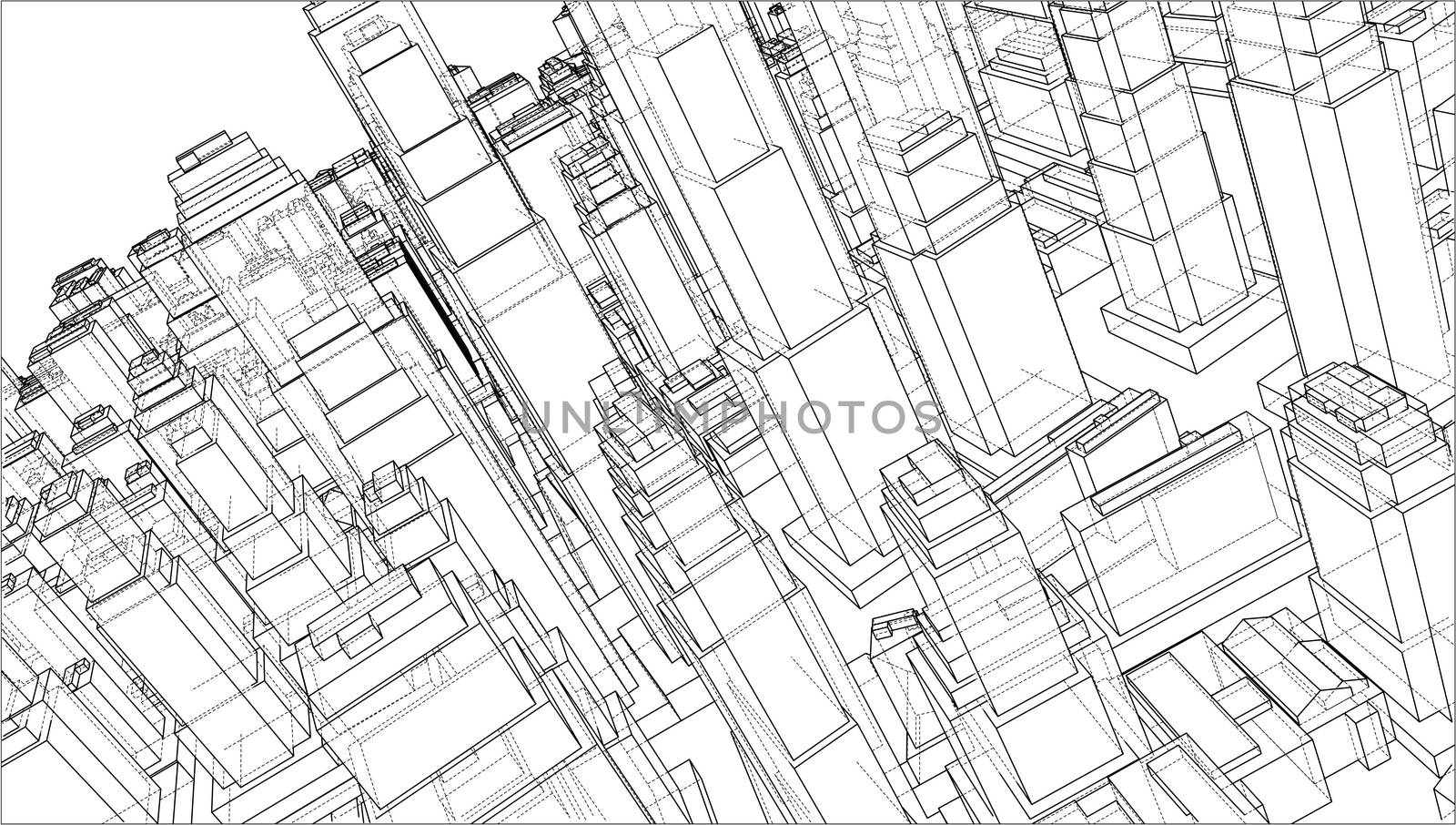 Wire-frame City, Blueprint Style. 3D Rendering. Architecture Design Background