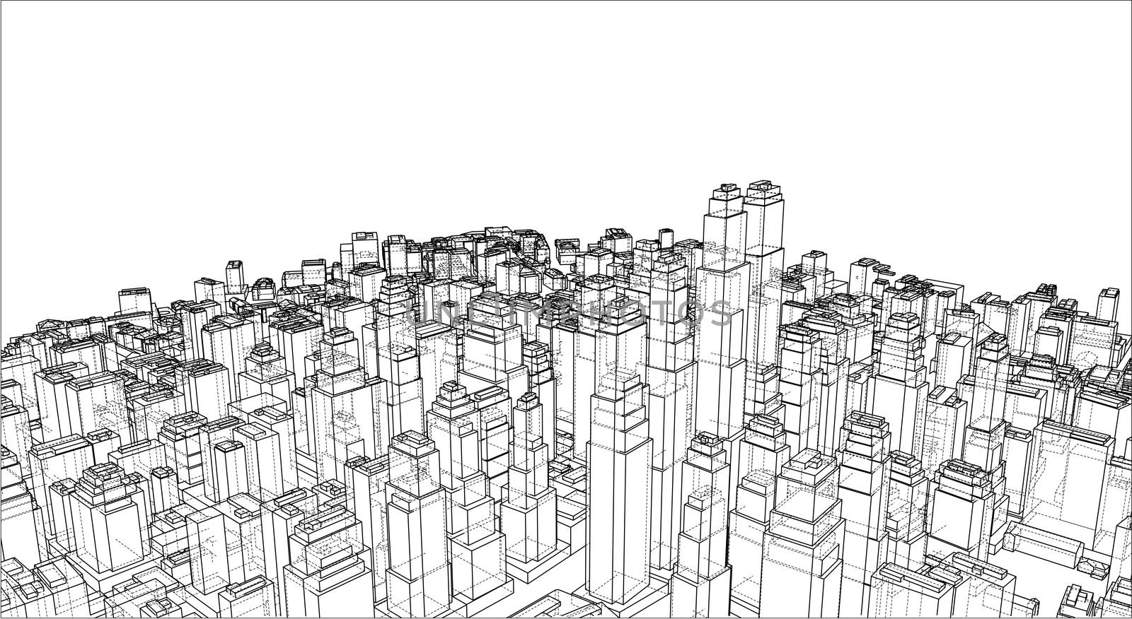 Wire-frame City, Blueprint Style. 3D Rendering. Architecture Design Background