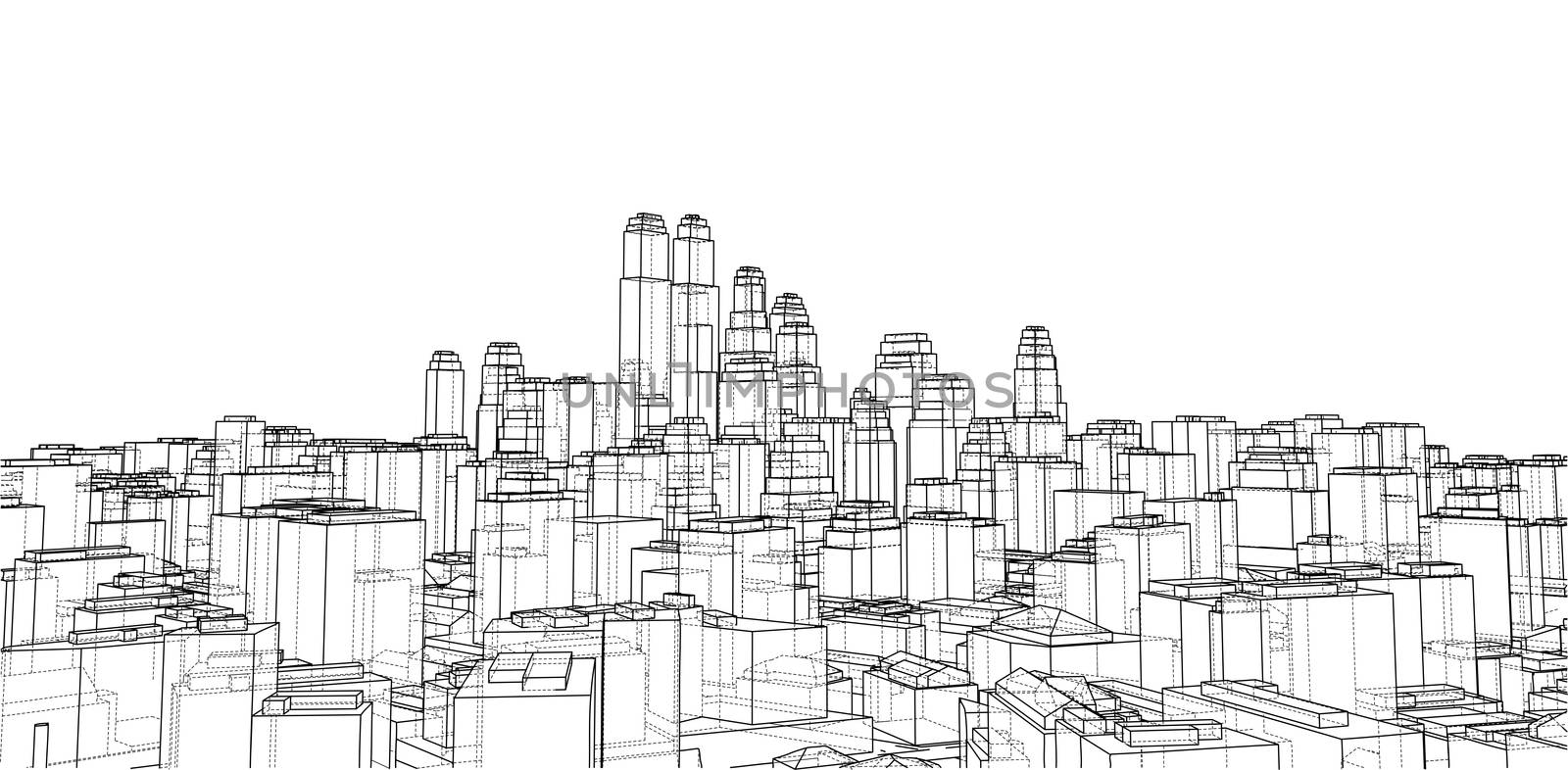 Wire-frame City, Blueprint Style. 3D Rendering. Architecture Design Background