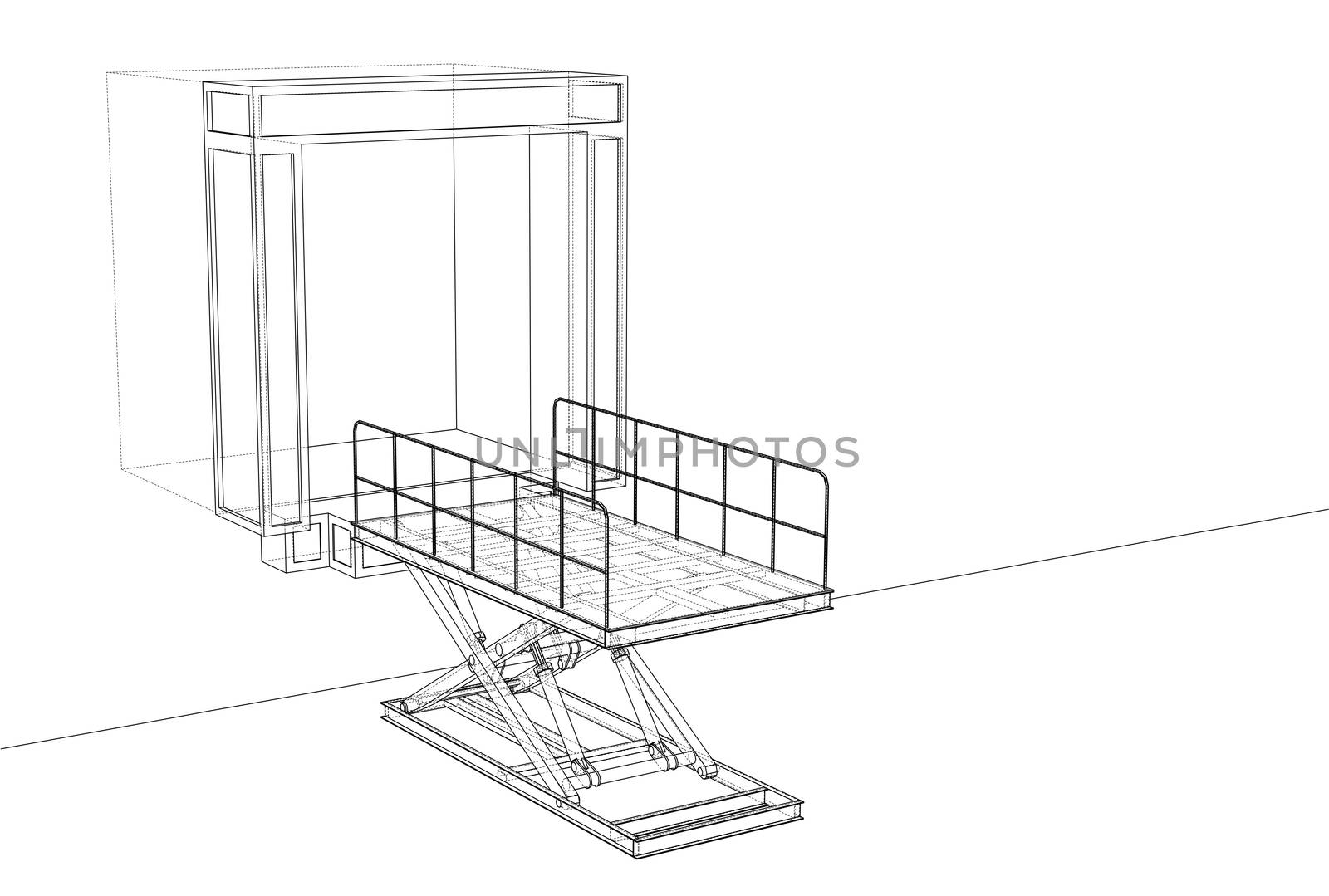 Dock leveler concept. 3d illustration. Wire-frame style