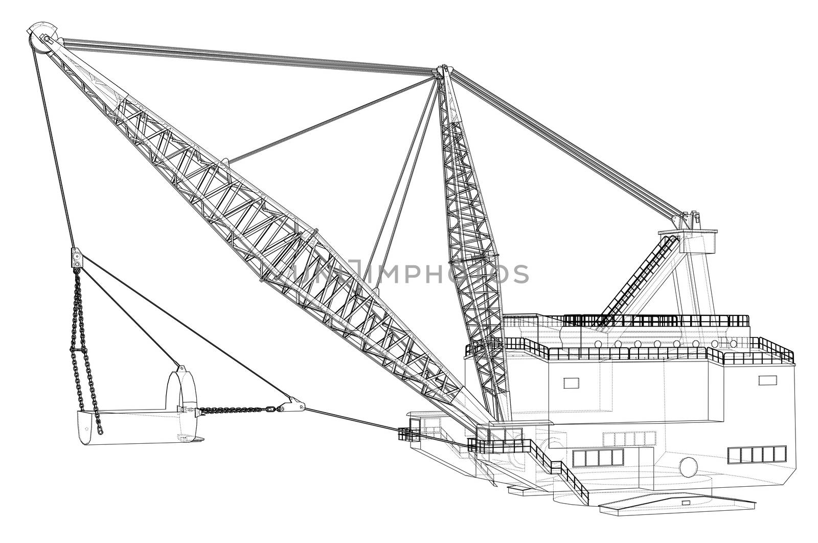 Dragline walking excavator. 3d illustration. Wire-frame style