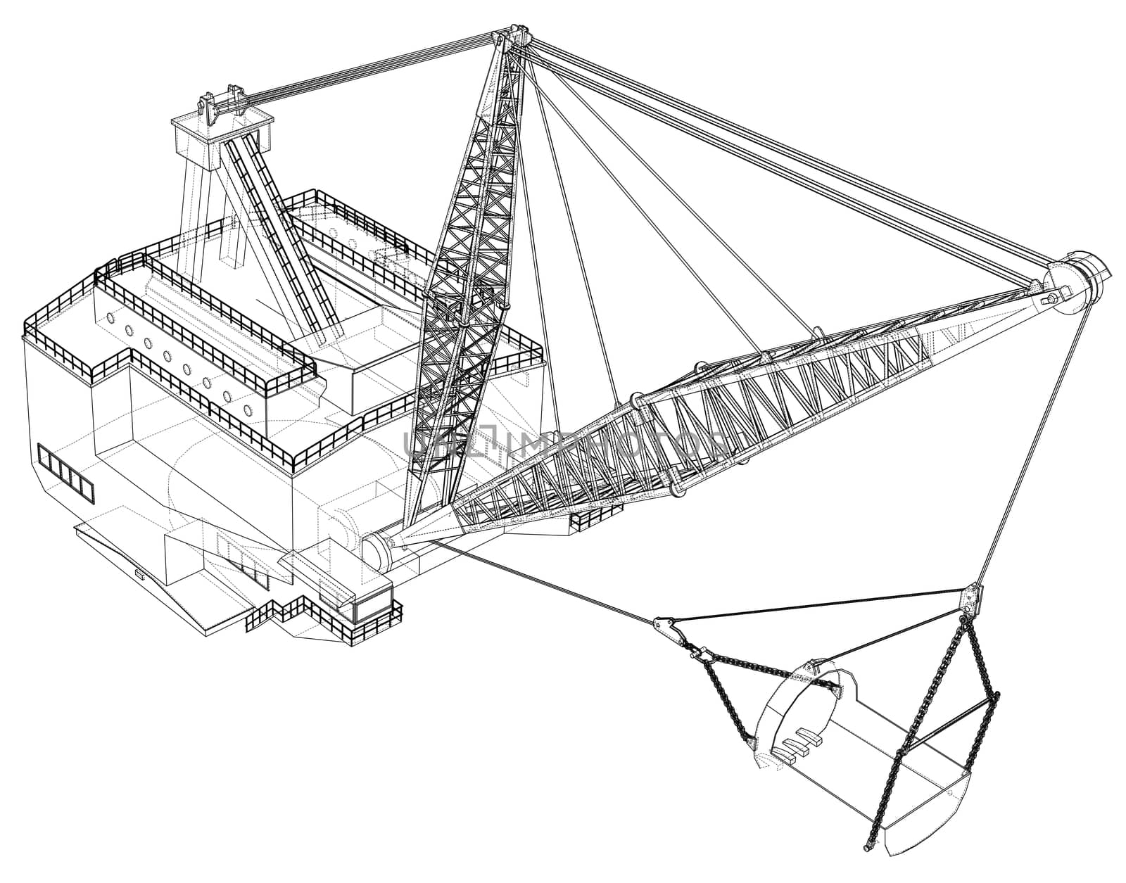 Dragline walking excavator. 3d illustration. Wire-frame style