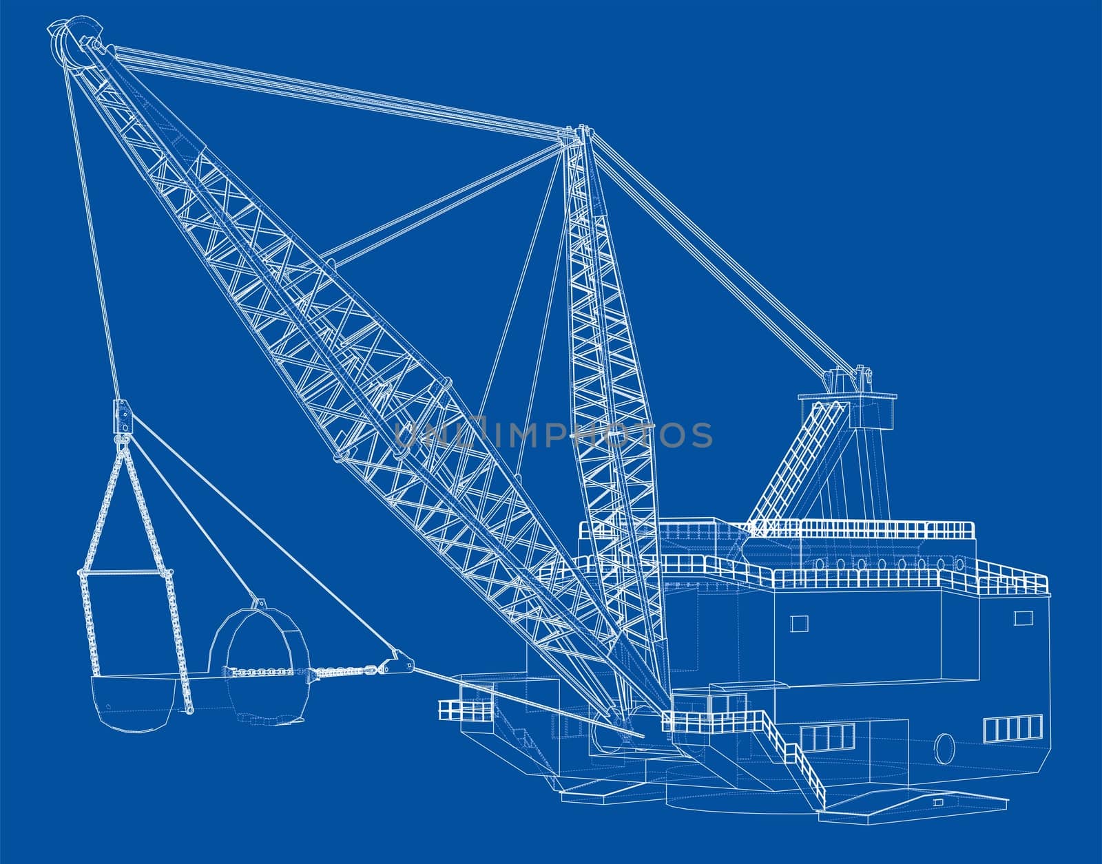 Dragline walking excavator. 3d illustration. Wire-frame style