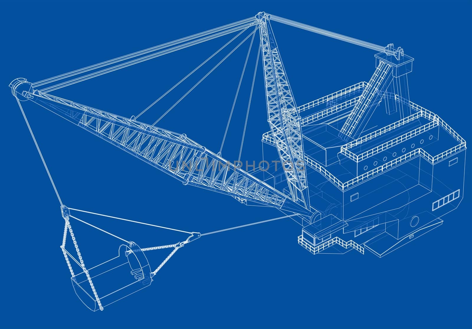 Dragline walking excavator. 3d illustration. Wire-frame style