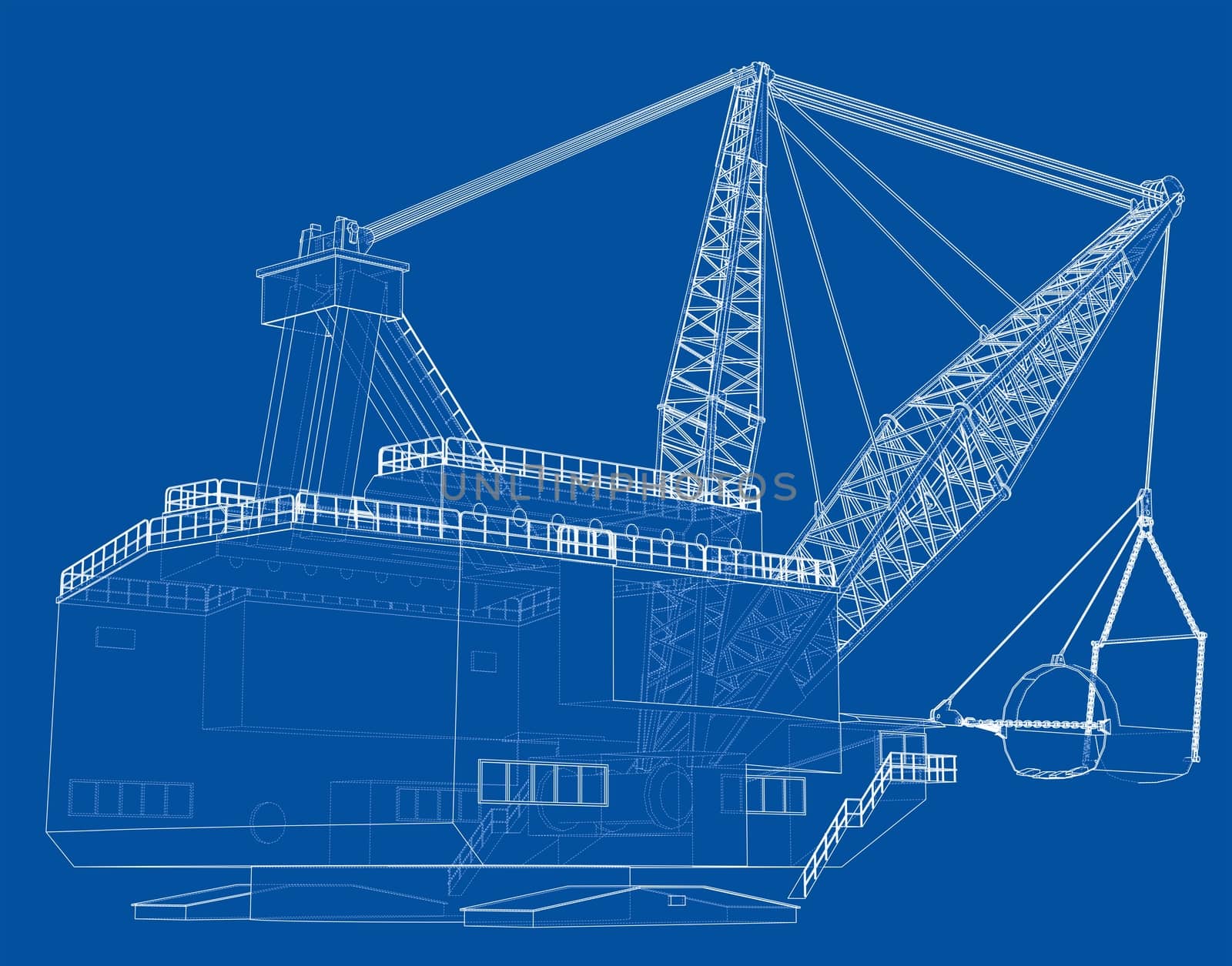 Dragline walking excavator. 3d illustration. Wire-frame style