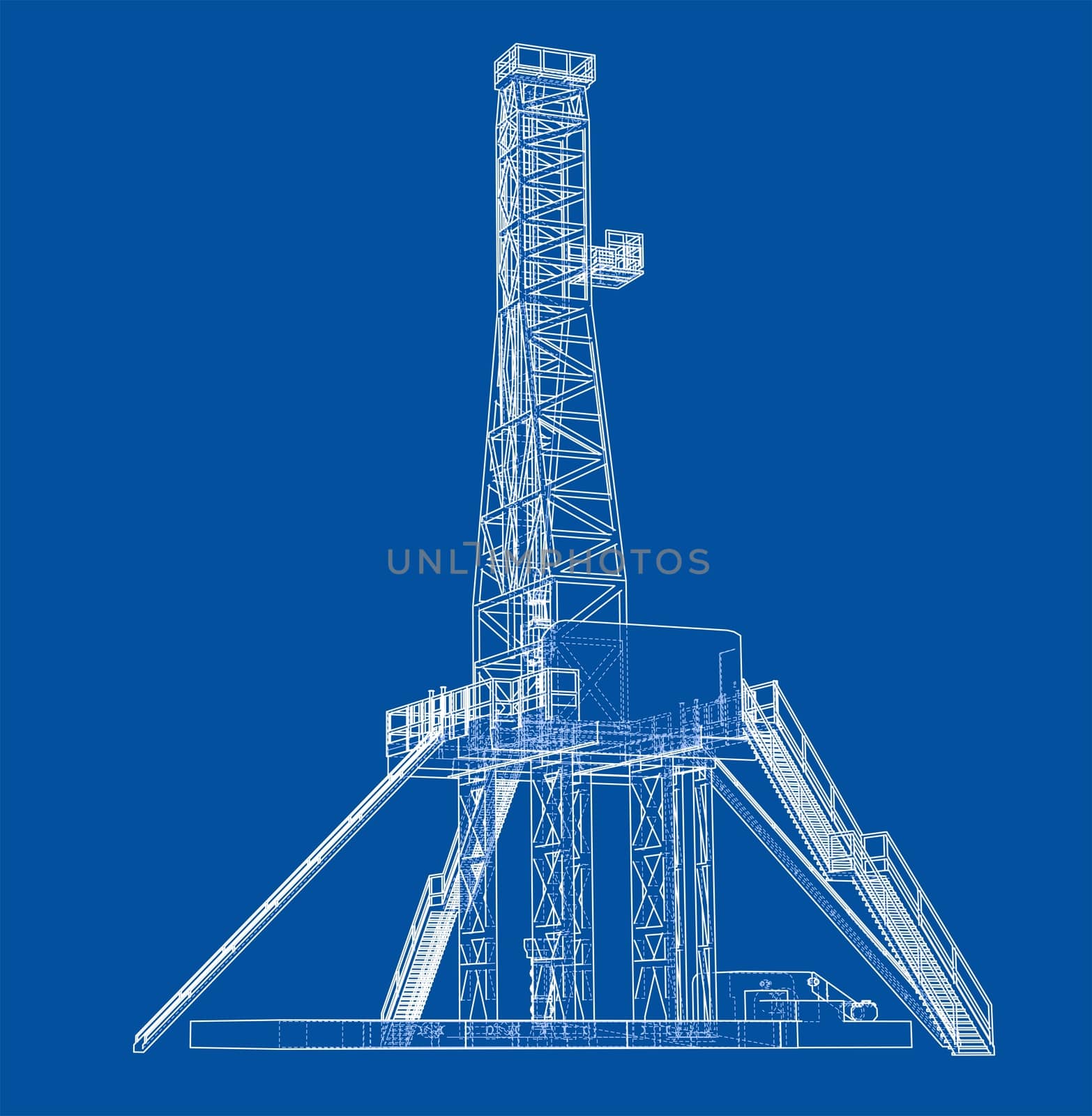 Oil rig concept. 3d illustration. Wire-frame style