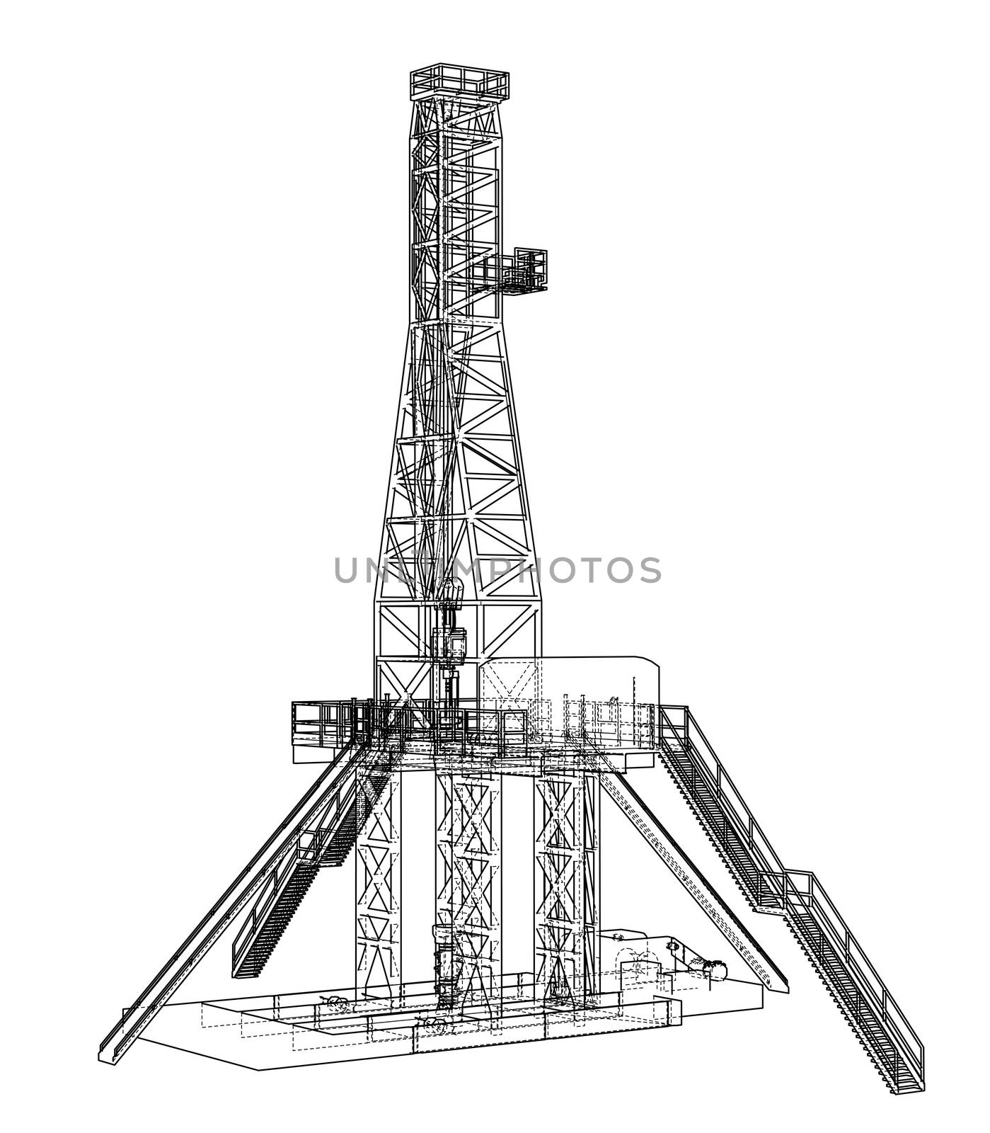 Oil rig concept. 3d illustration. Wire-frame style