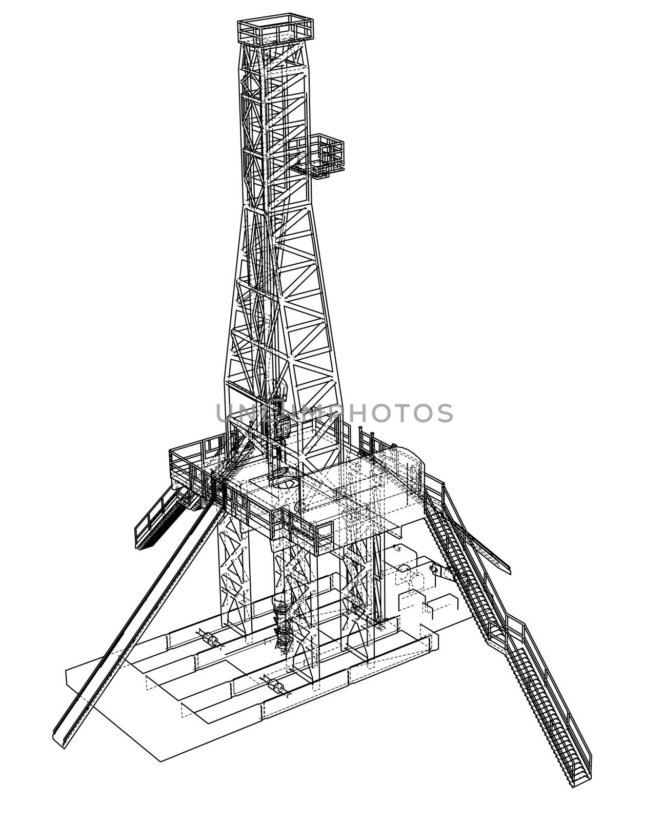 Oil rig concept. 3d illustration. Wire-frame style