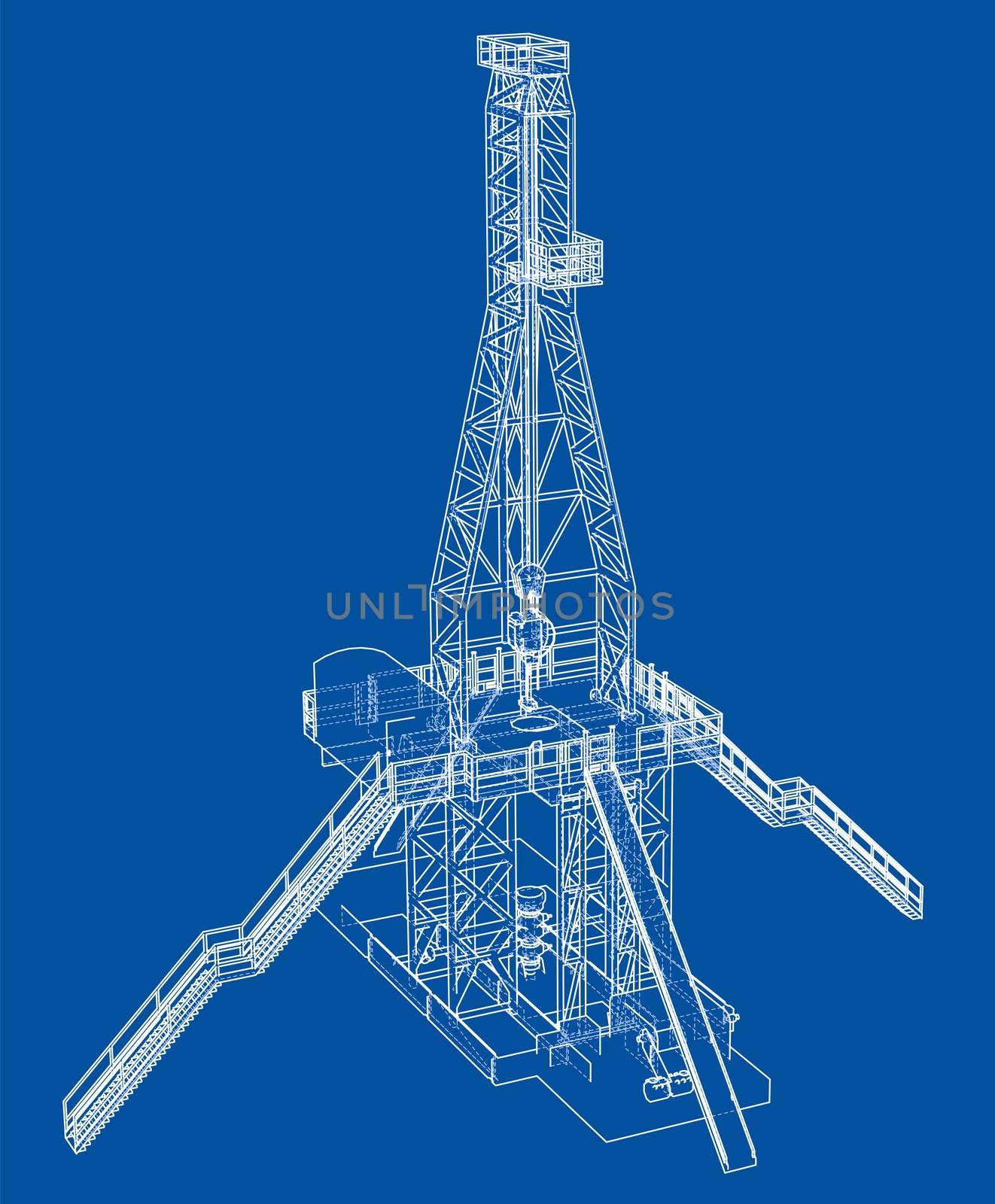 Oil rig concept. 3d illustration. Wire-frame style