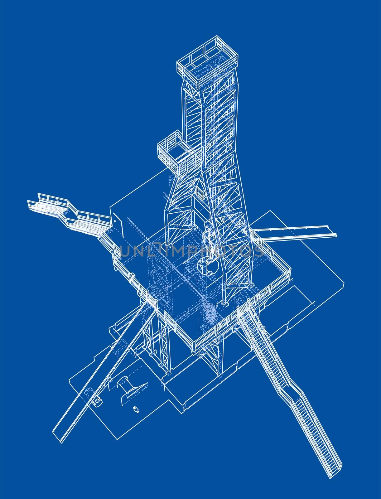 Oil rig concept. 3d illustration. Wire-frame style