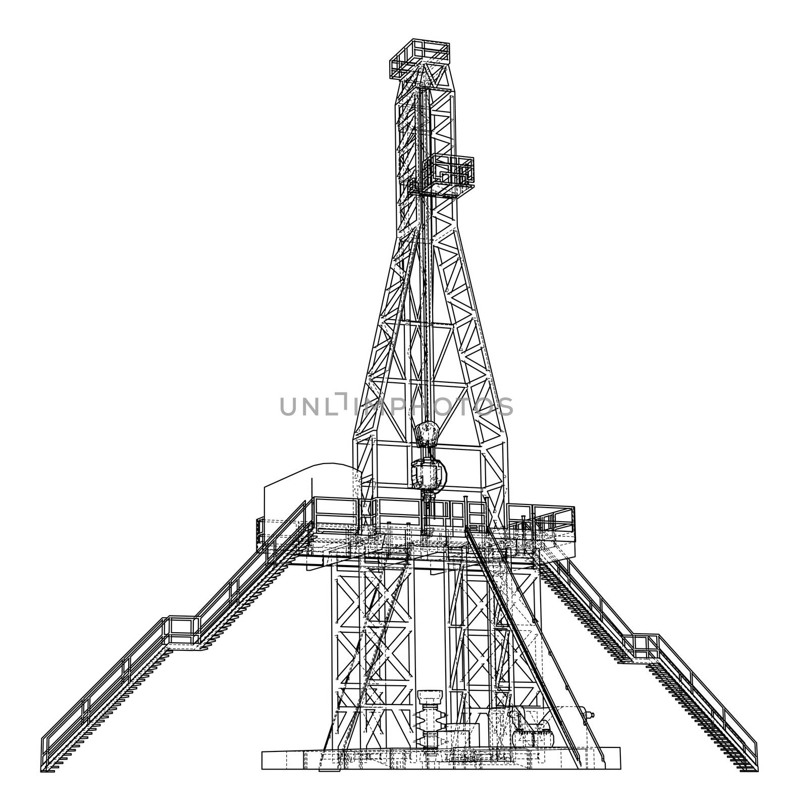 Oil rig concept. 3d illustration. Wire-frame style