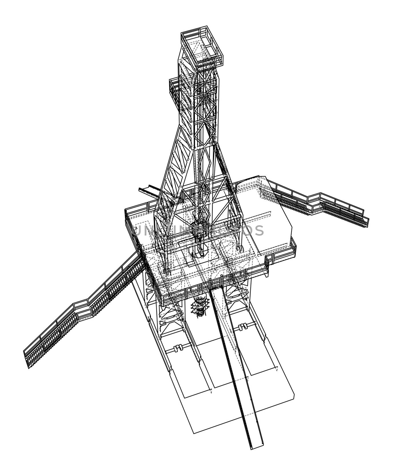 Oil rig concept. 3d illustration. Wire-frame style