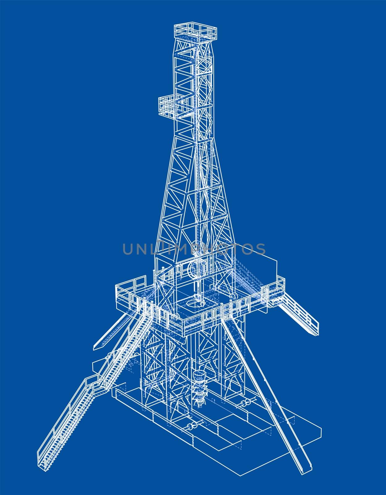 Oil rig concept. 3d illustration. Wire-frame style