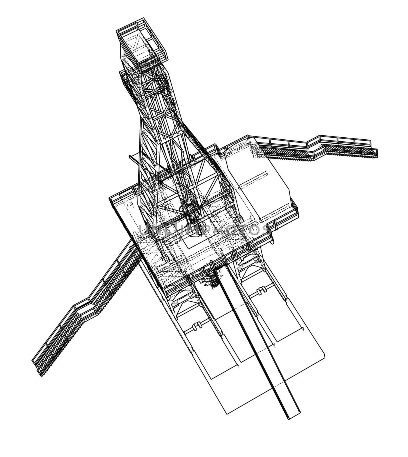 Oil rig concept. 3d illustration. Wire-frame style