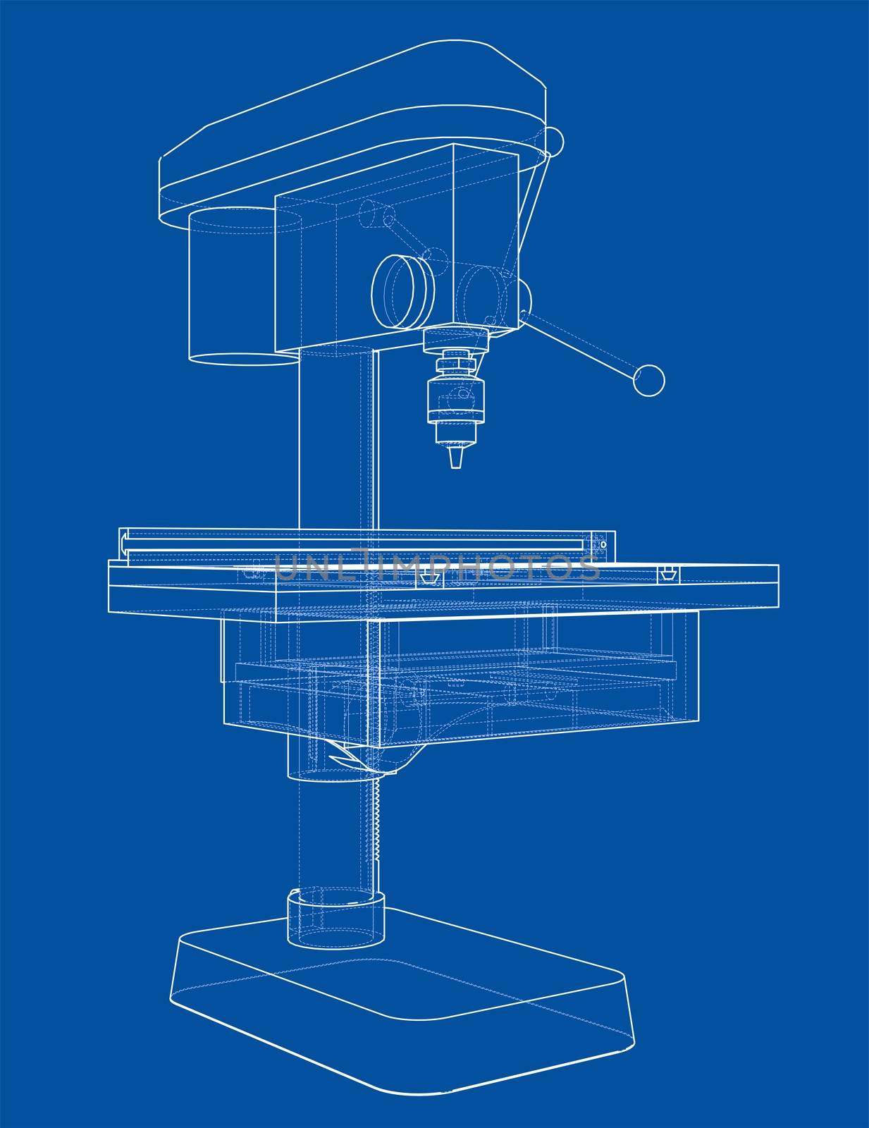 Drilling machine concept. 3d illustration. Wire-frame style