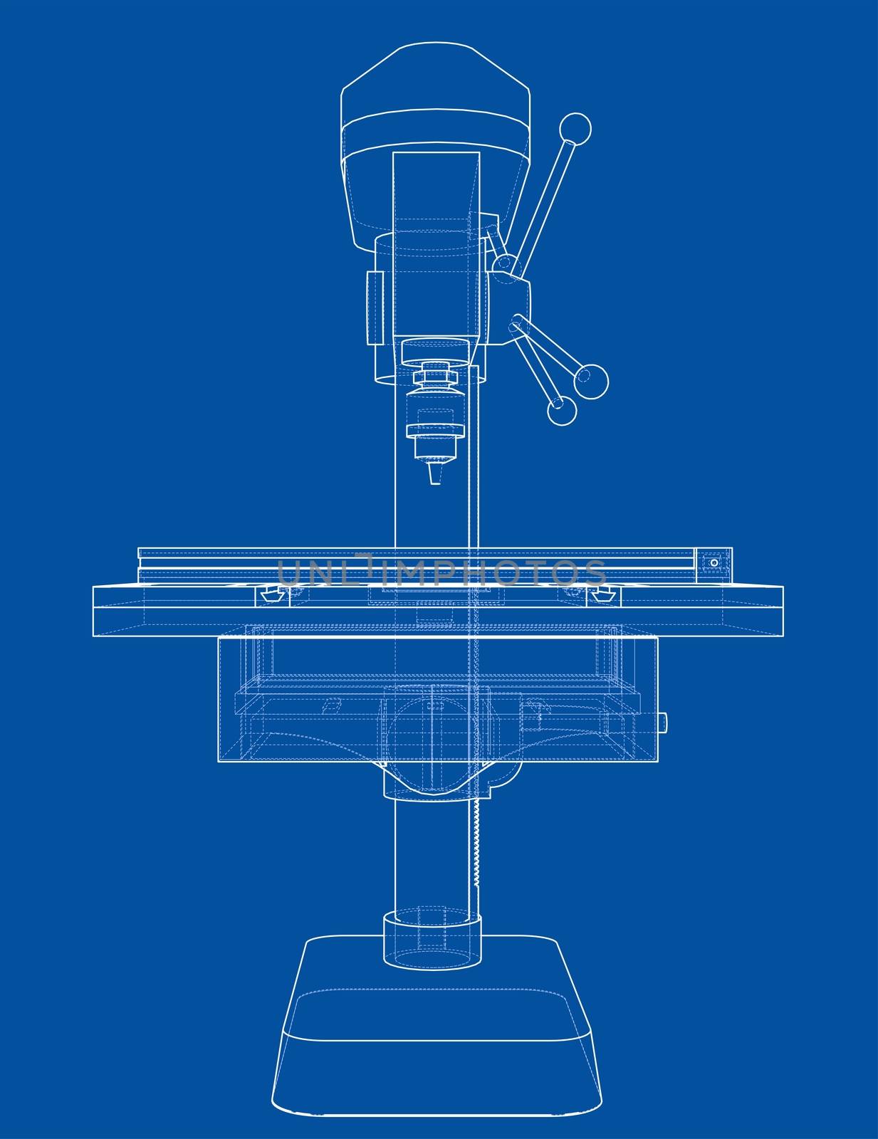 Drilling machine concept. 3d illustration. Wire-frame style