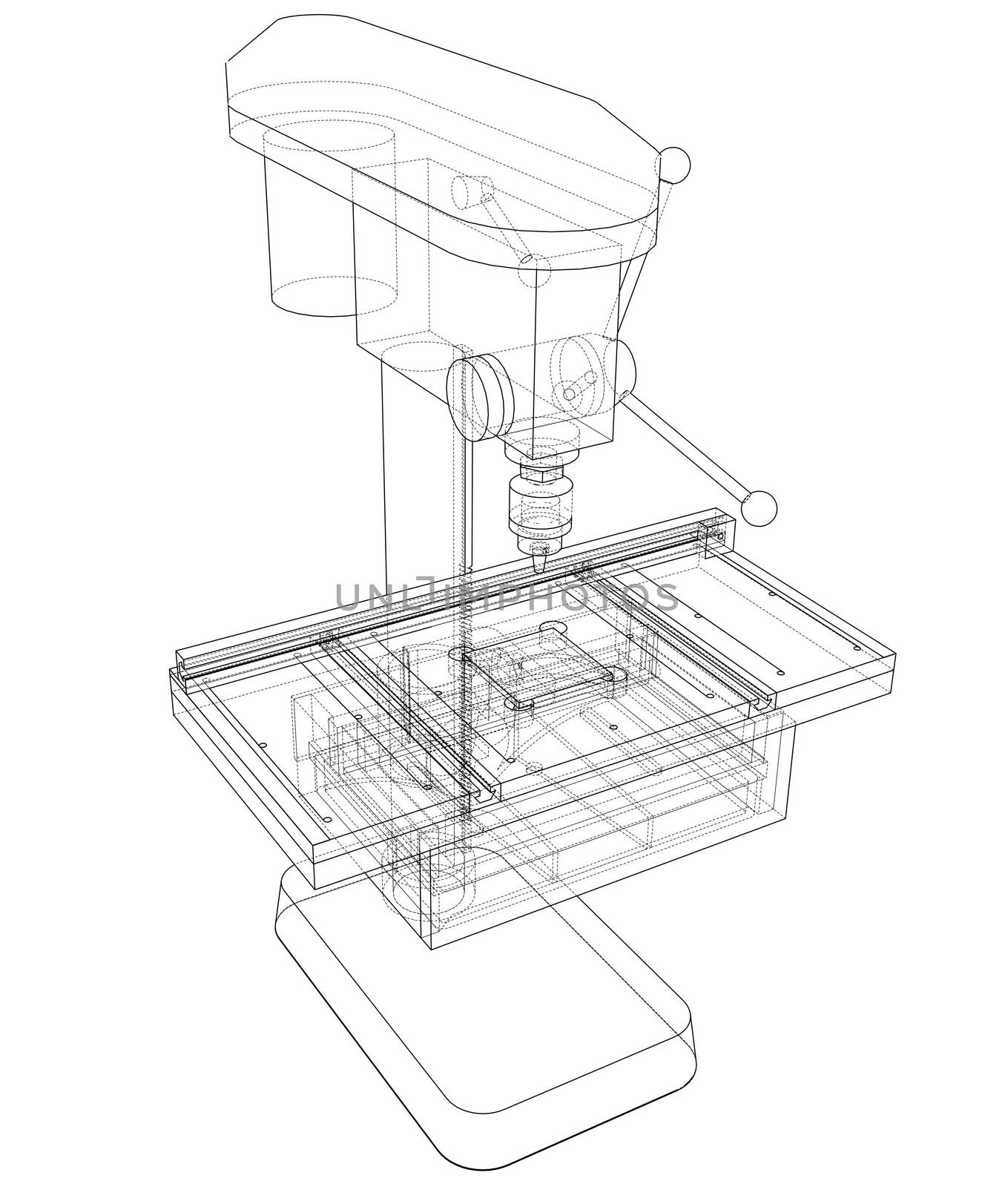 Drilling machine concept. 3d illustration. Wire-frame style