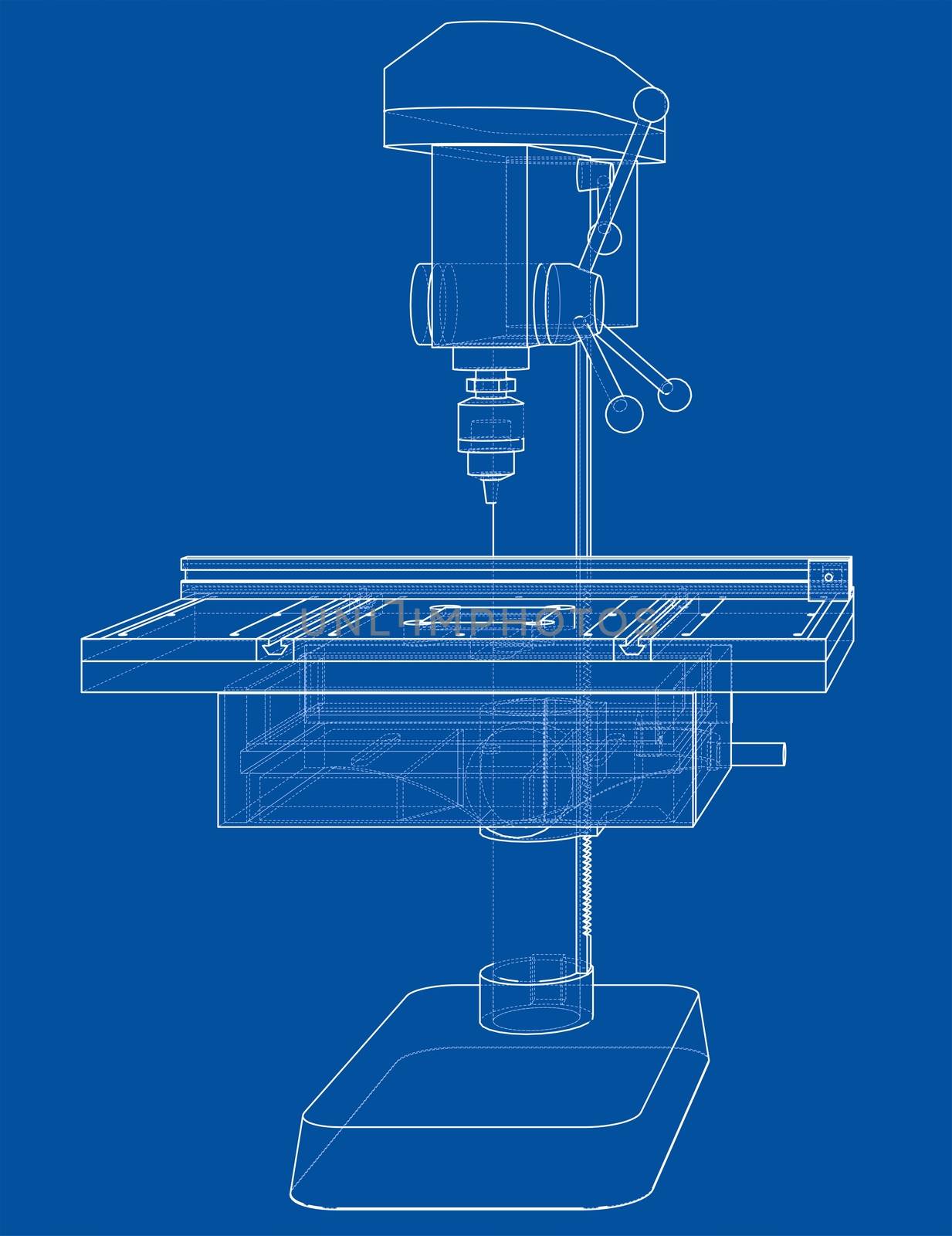 Drilling machine concept. 3d illustration. Wire-frame style