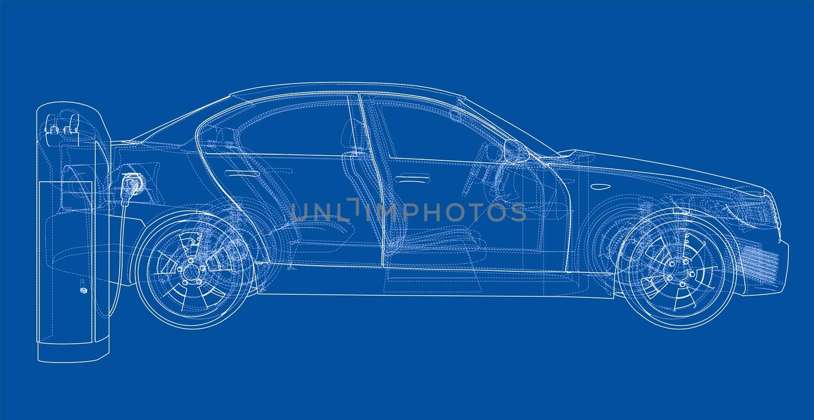 Electric Vehicle Charging Station Sketch. 3d illustration. Wire-frame style