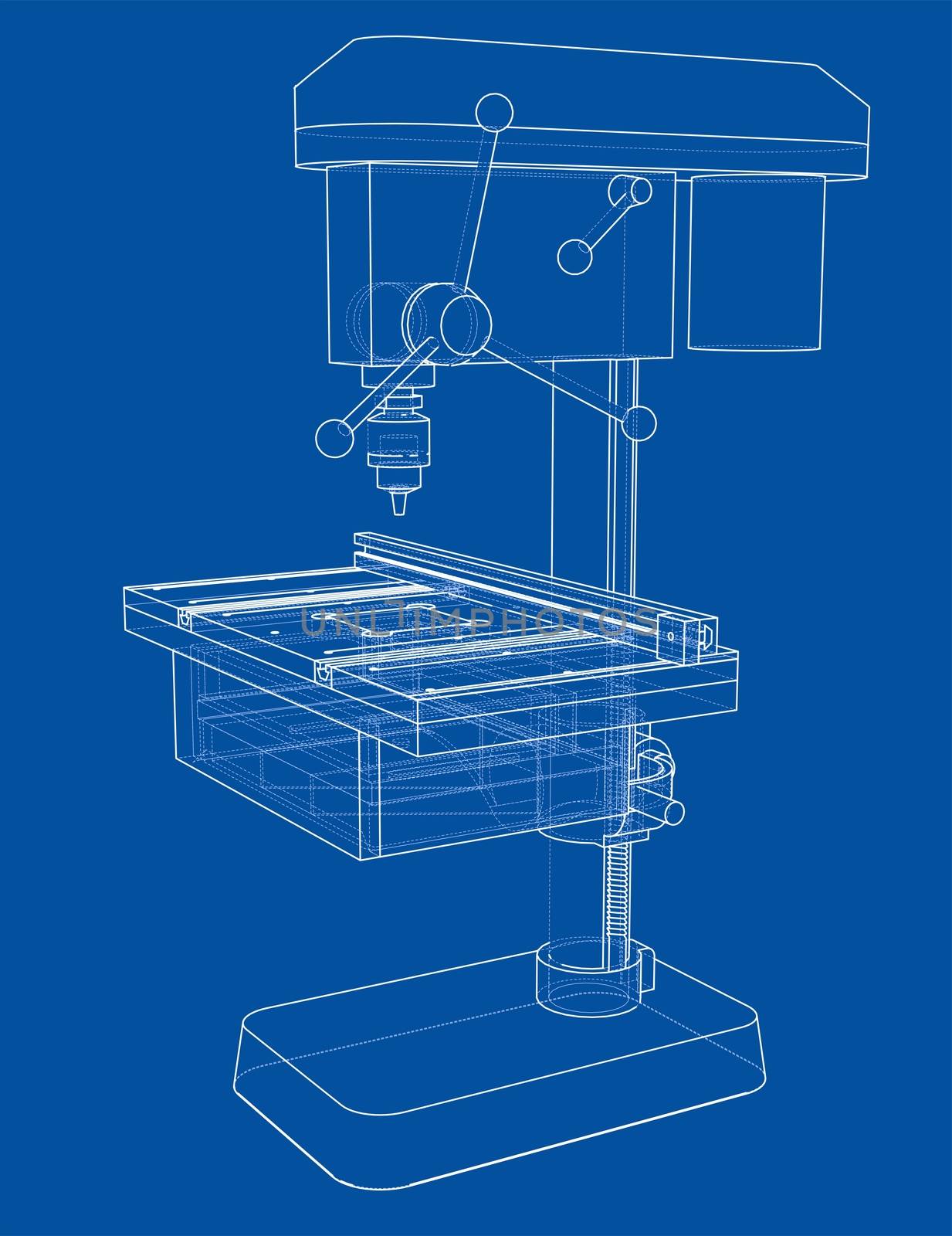 Drilling machine concept. 3d illustration. Wire-frame style