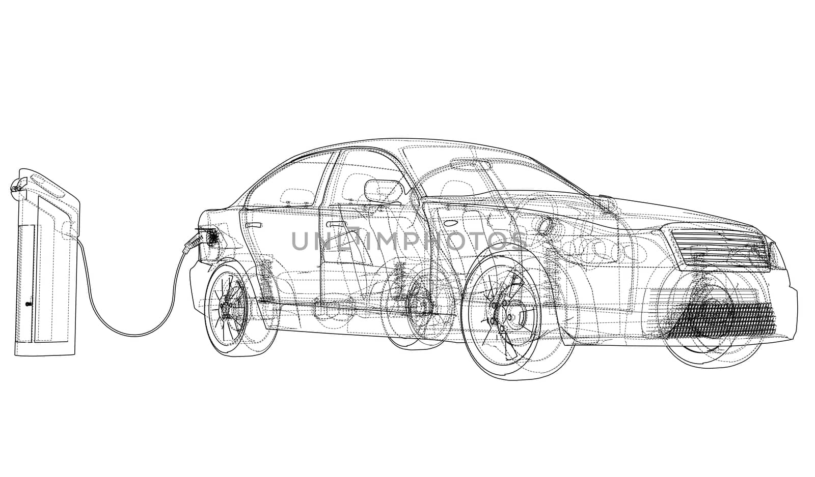 Electric Vehicle Charging Station Sketch. 3d illustration. Wire-frame style